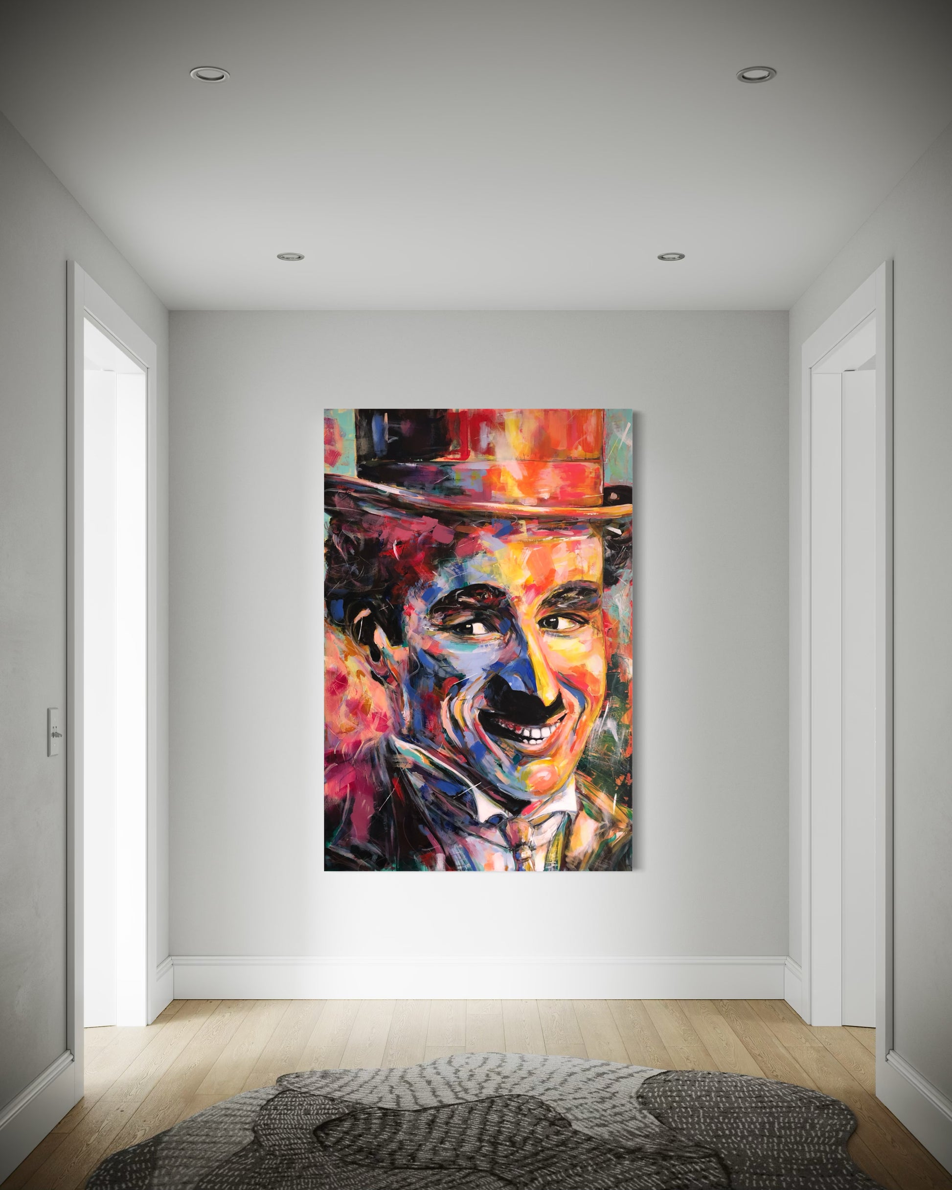 Charlie Chaplin painting as gallery wall alone in room