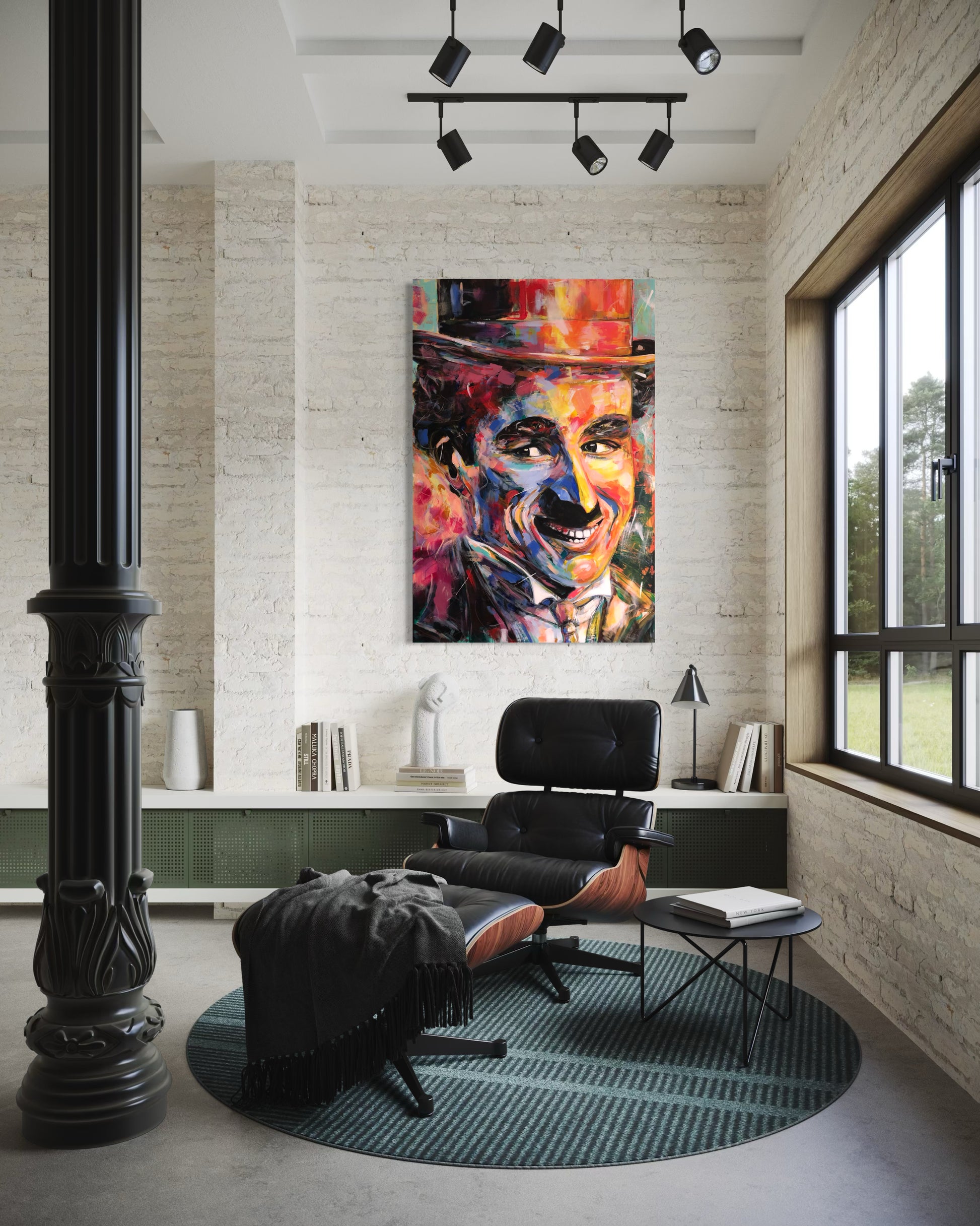 Charlie Chaplin original painting in stylish room with black pillar