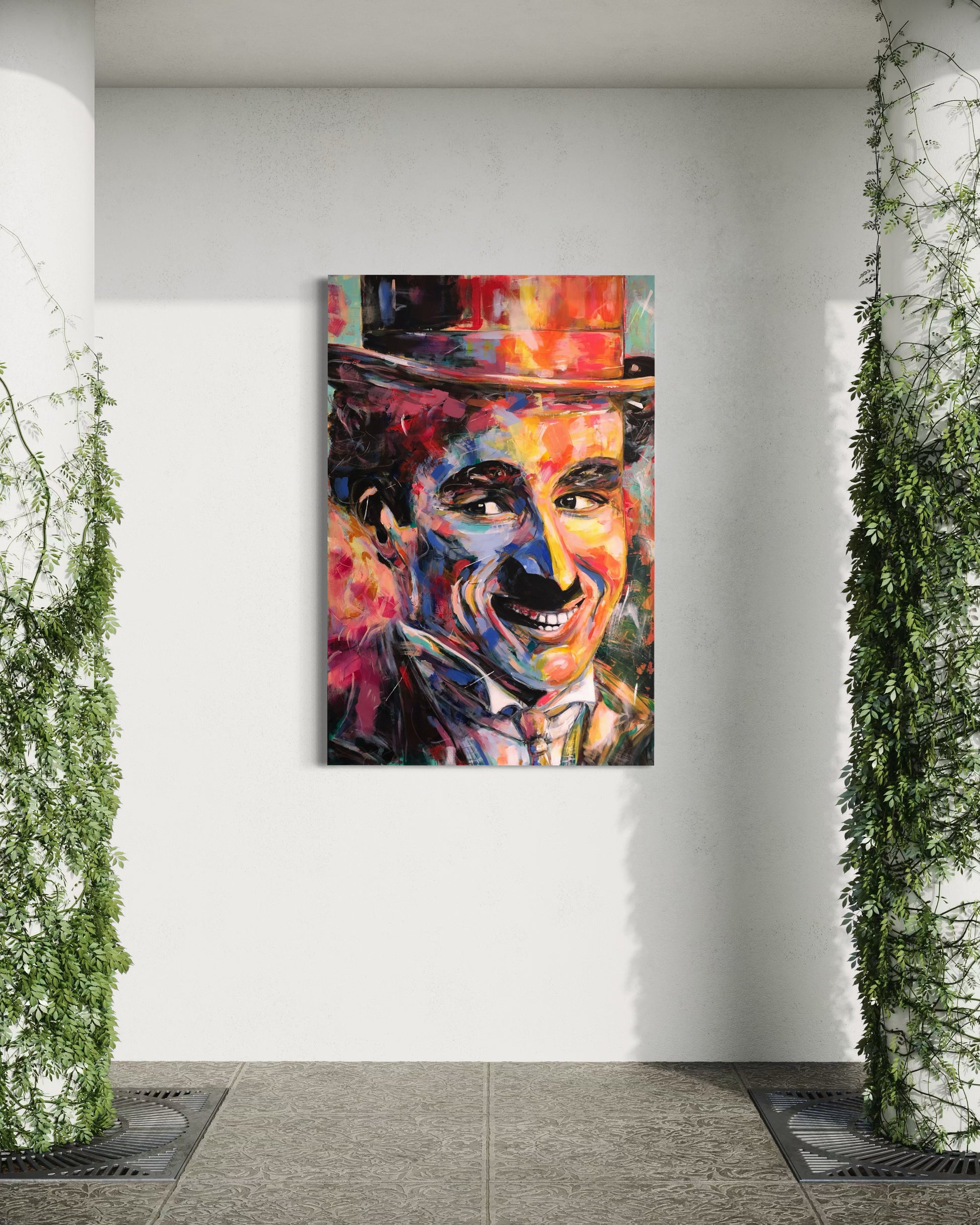 Charlie Chaplin original painting displayed outdoors on wall between green plants