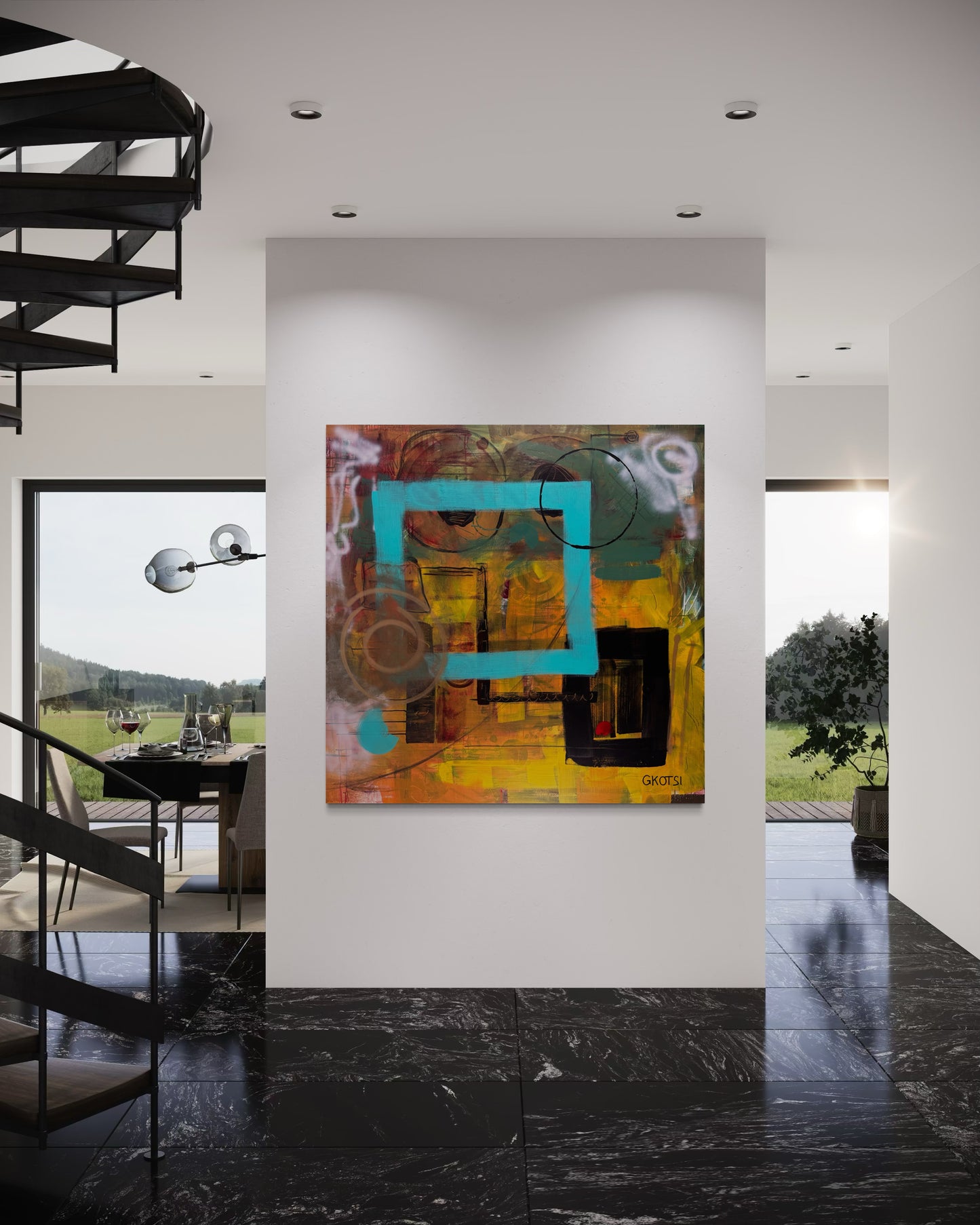 Clear It Abstract Original Painting in luxury maisonette with black marble floor