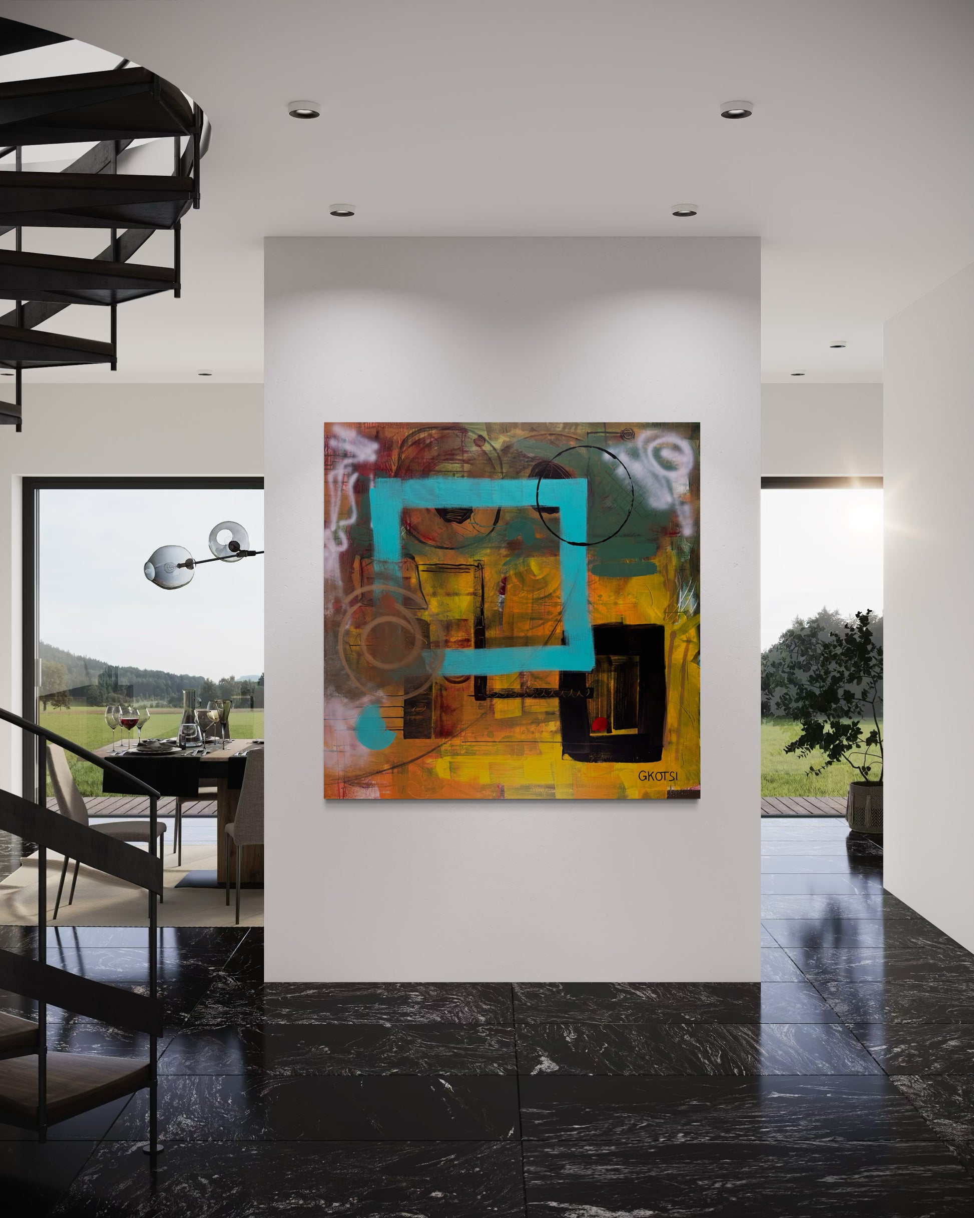Clear It Abstract Original Painting in luxury maisonette with black marble floor