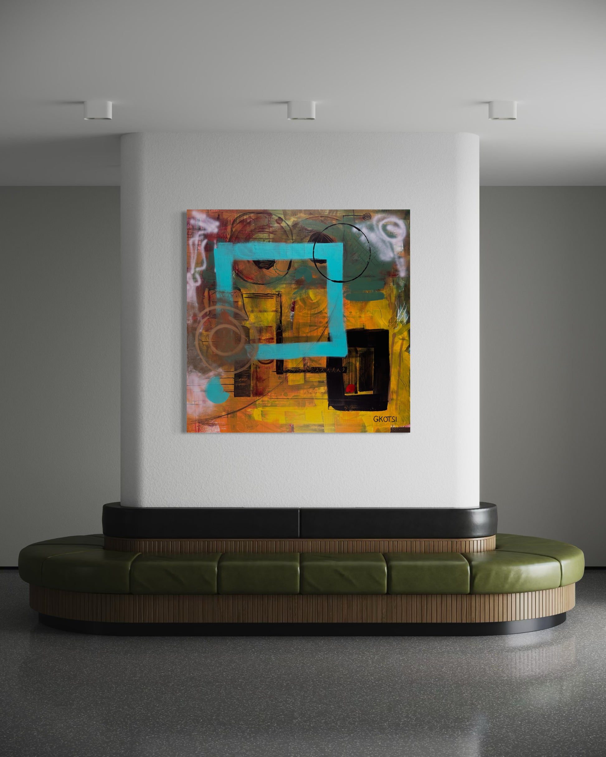 Clear It Abstract Original Painting above round couch 