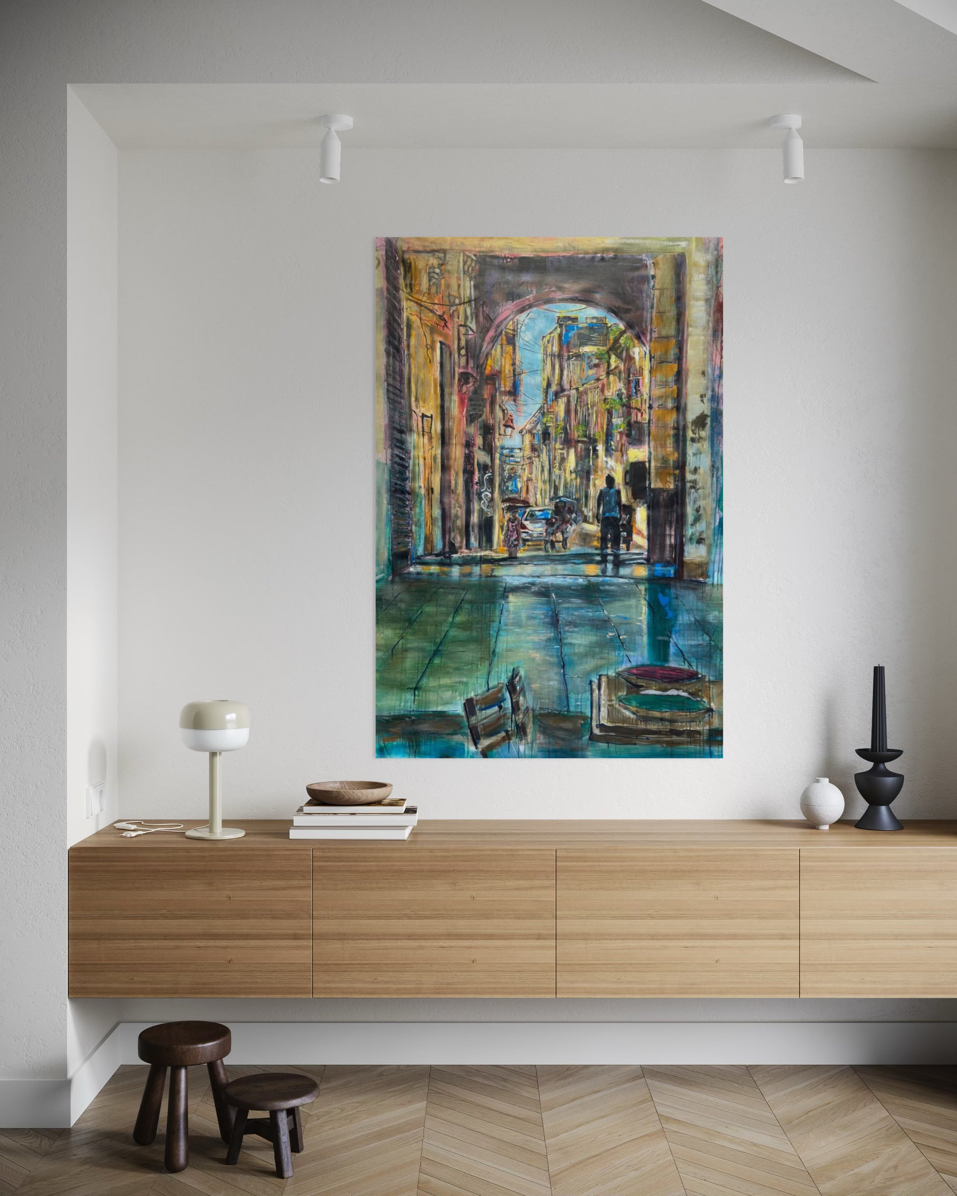 El Desayuno Travel Original Paintings above wooden sideboard