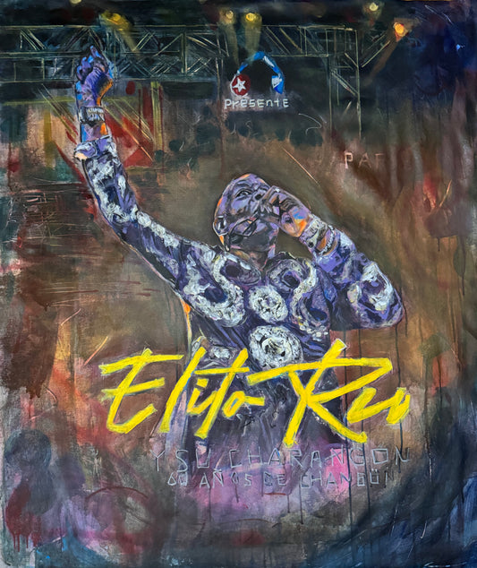 Elito Reve portrait original painting close-up detail, acrylic mixed media on canvas