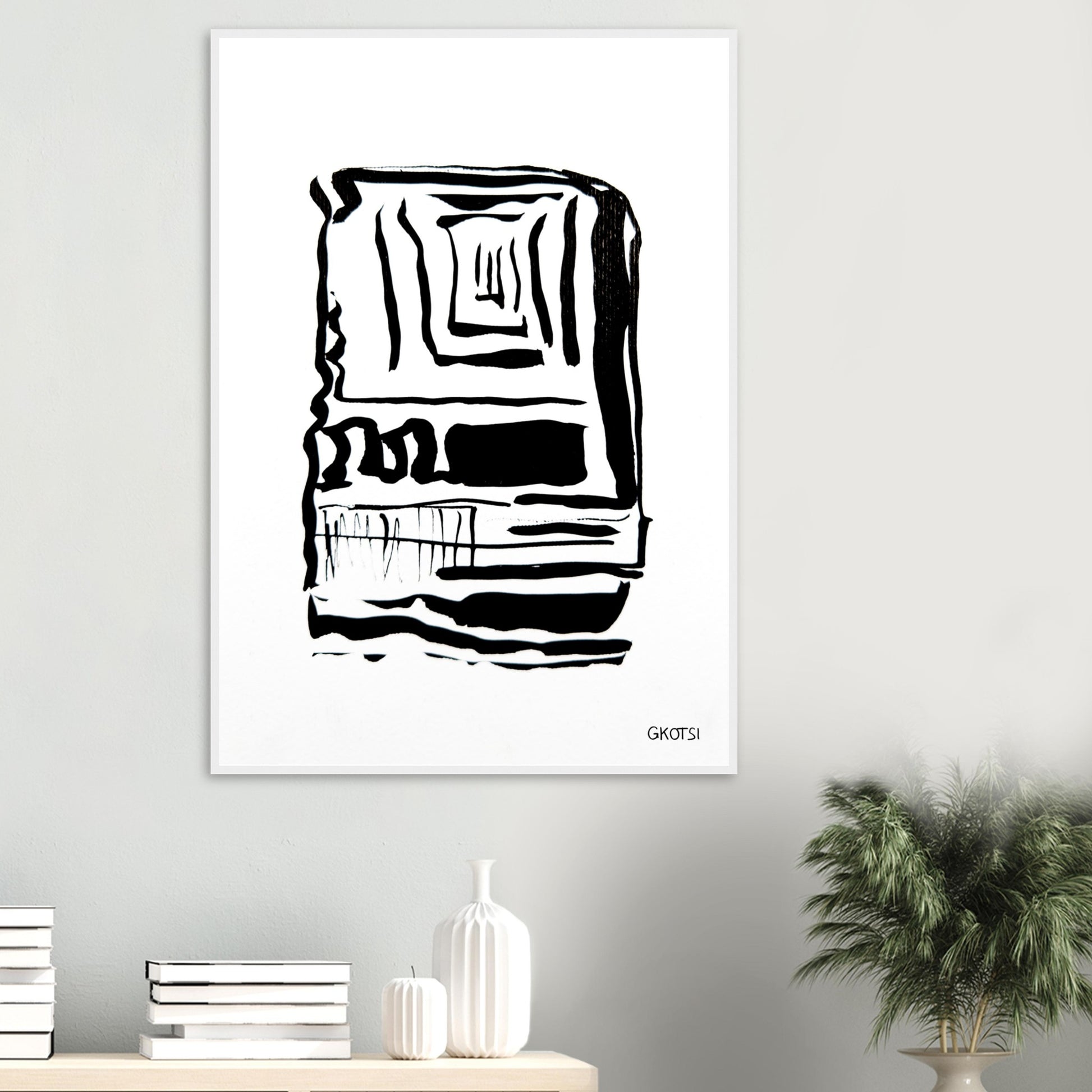 FOCUS poster print above table with small plant