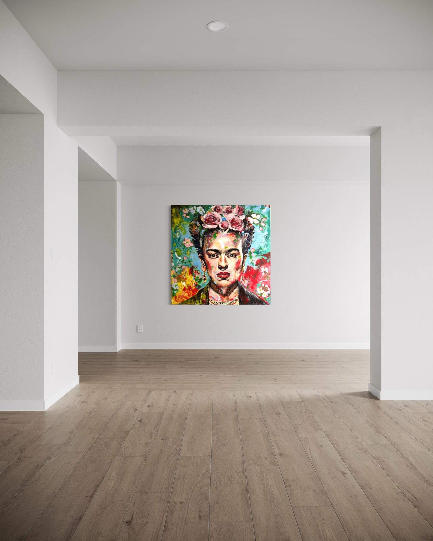 Colorful painting of a woman with flowers in an empty room with white walls and wooden floor.