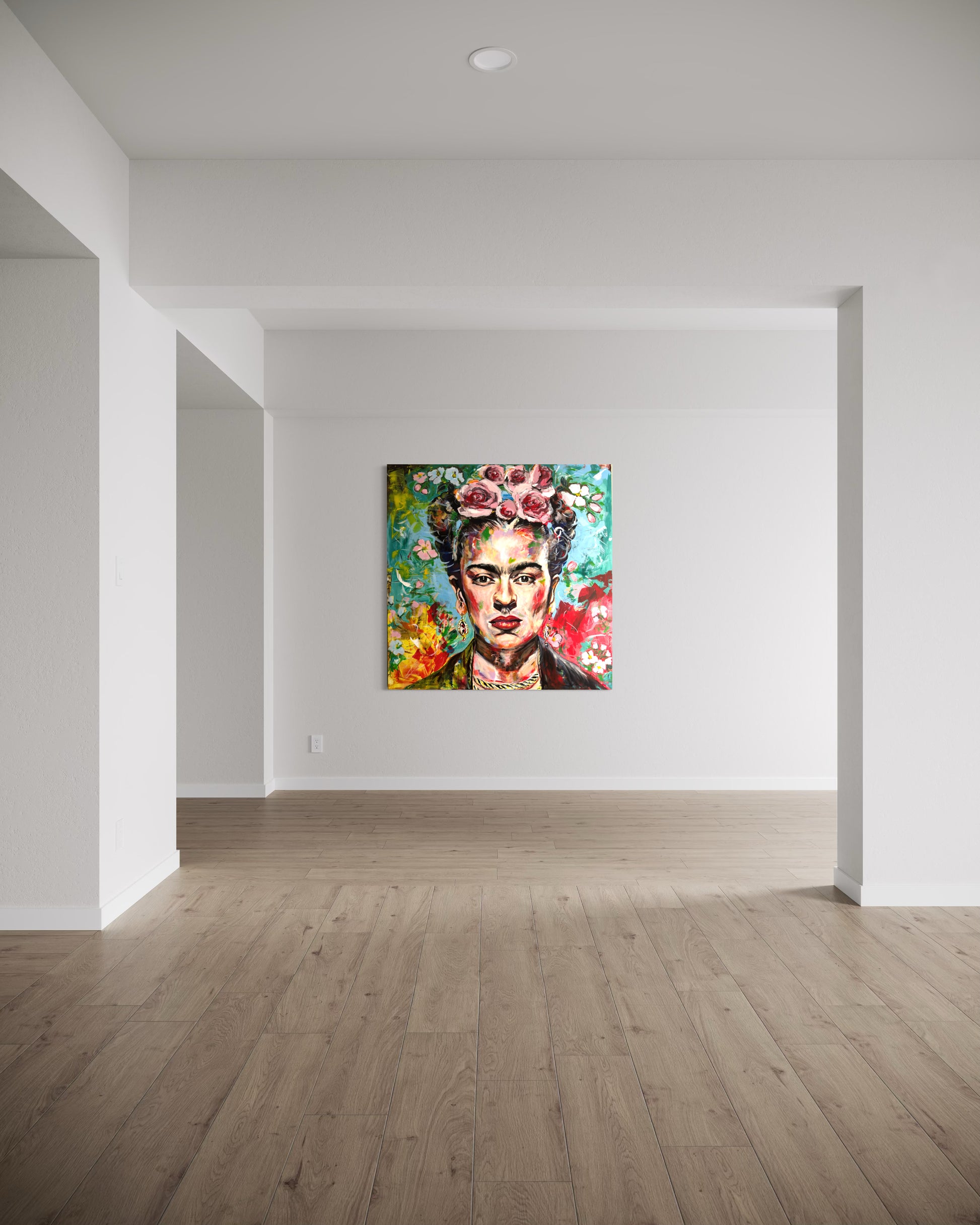 Colorful painting of a woman with flowers in an empty room with white walls and wooden floor.
