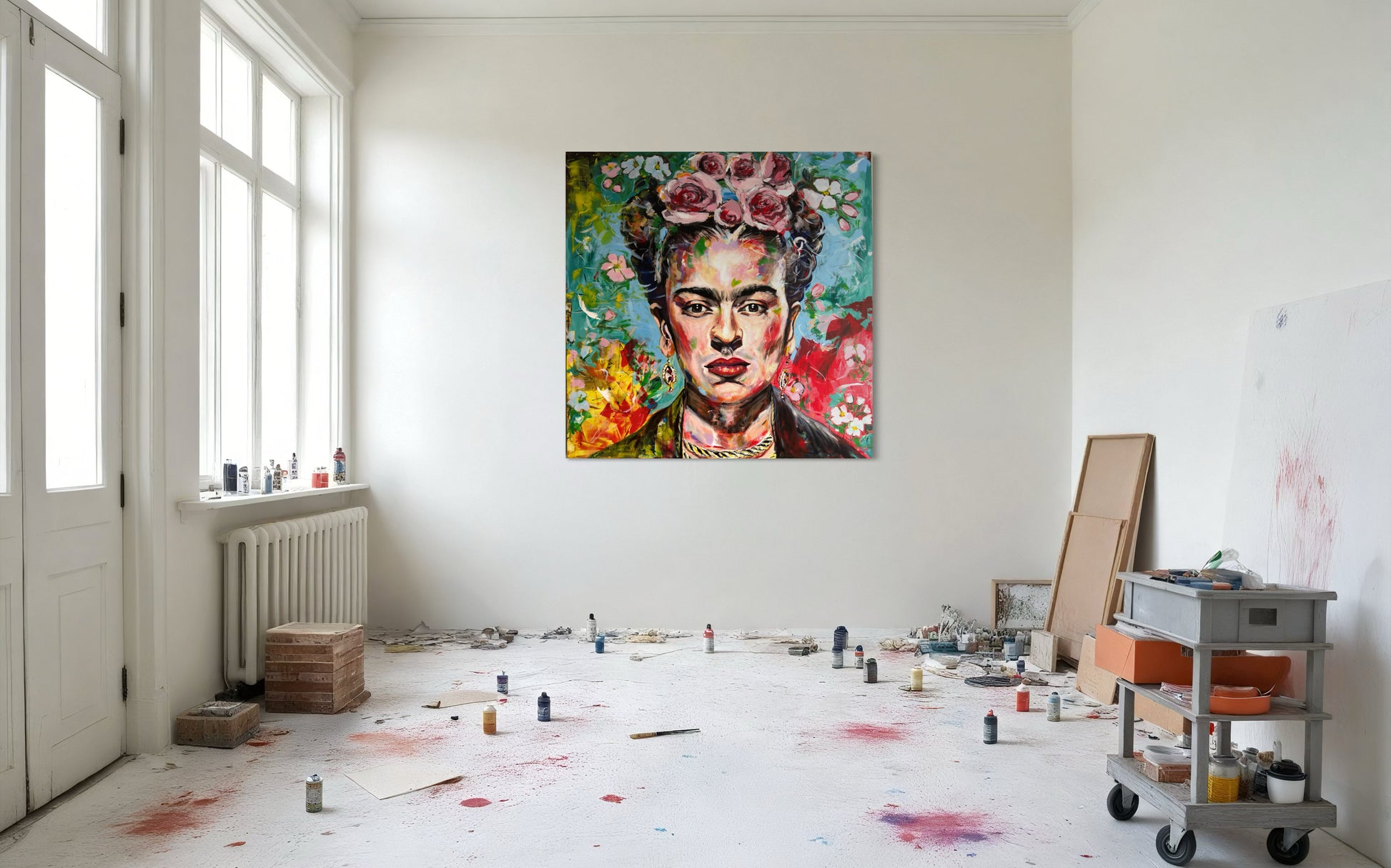 Colorful painting of a woman with flowers in an artist's studio.