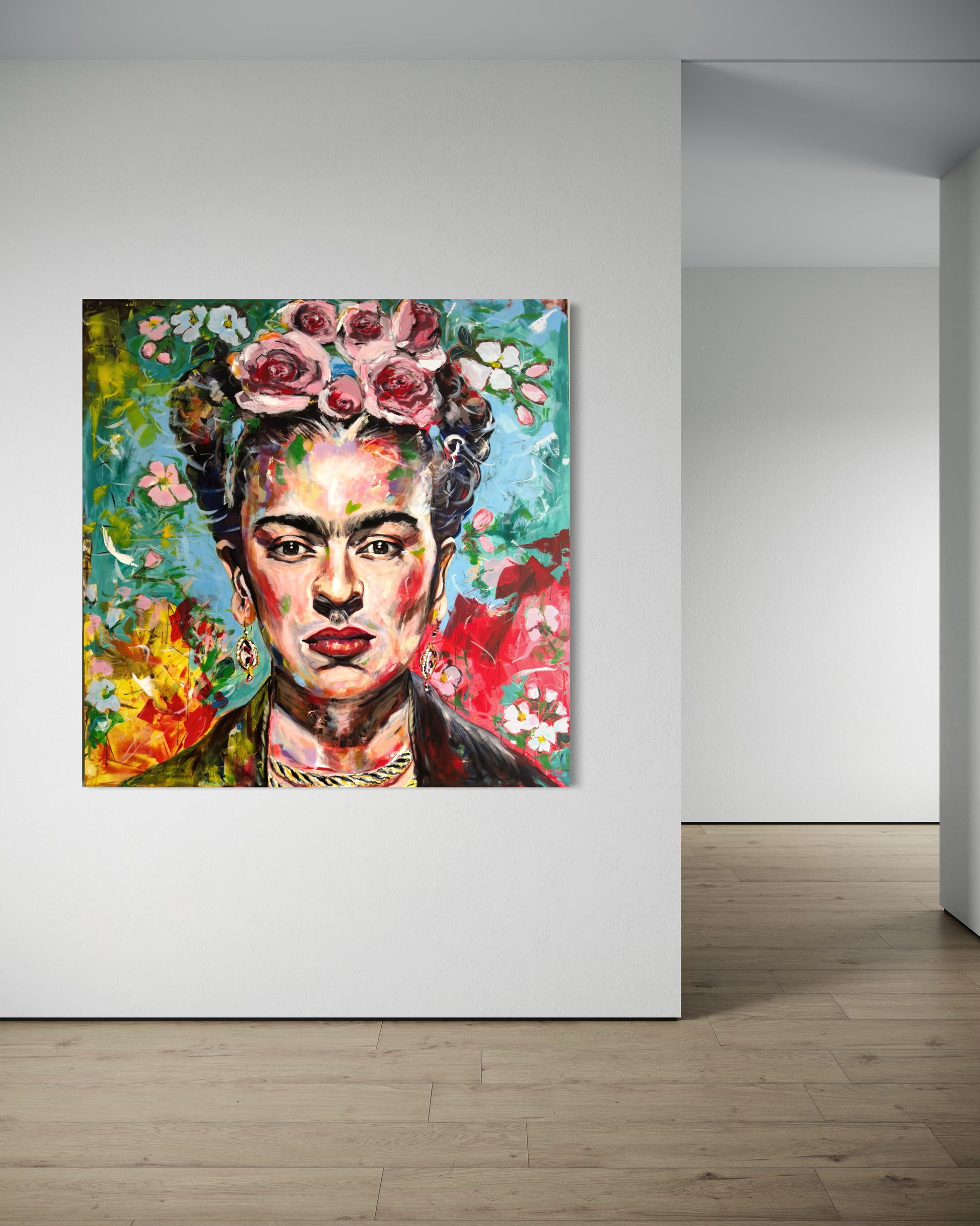 Colorful painting of a woman with flowers in an interior setting