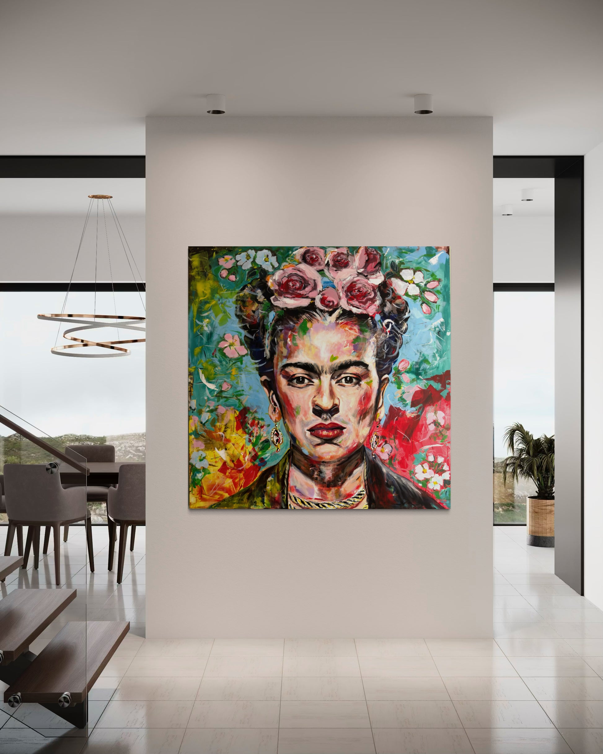 Colorful painting of a woman with flowers in a modern interior setting