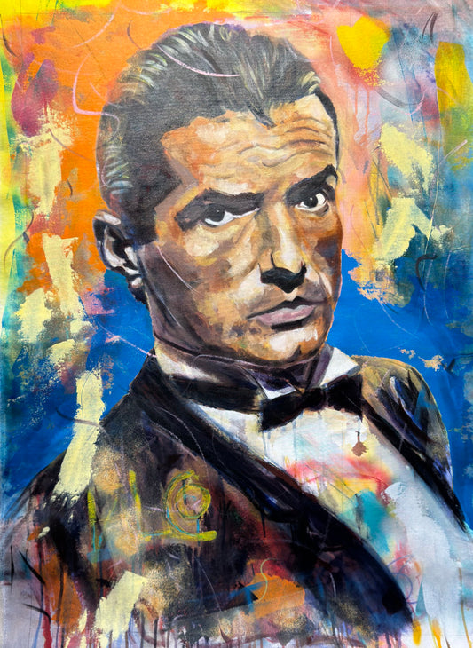 Falco portrait original painting close-up detail, acrylic mixed media on canvas
