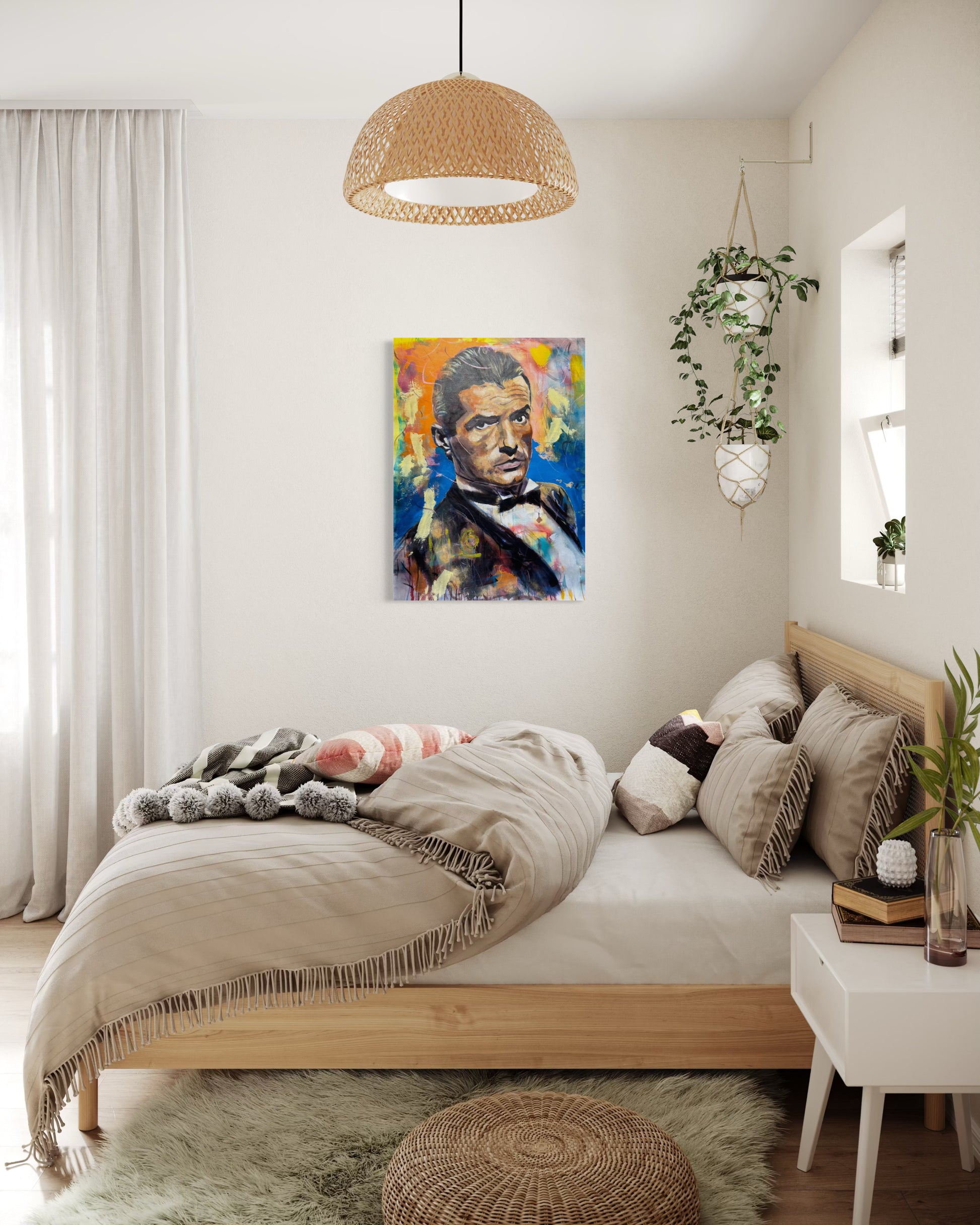 Falco painting in small cozy bedroom