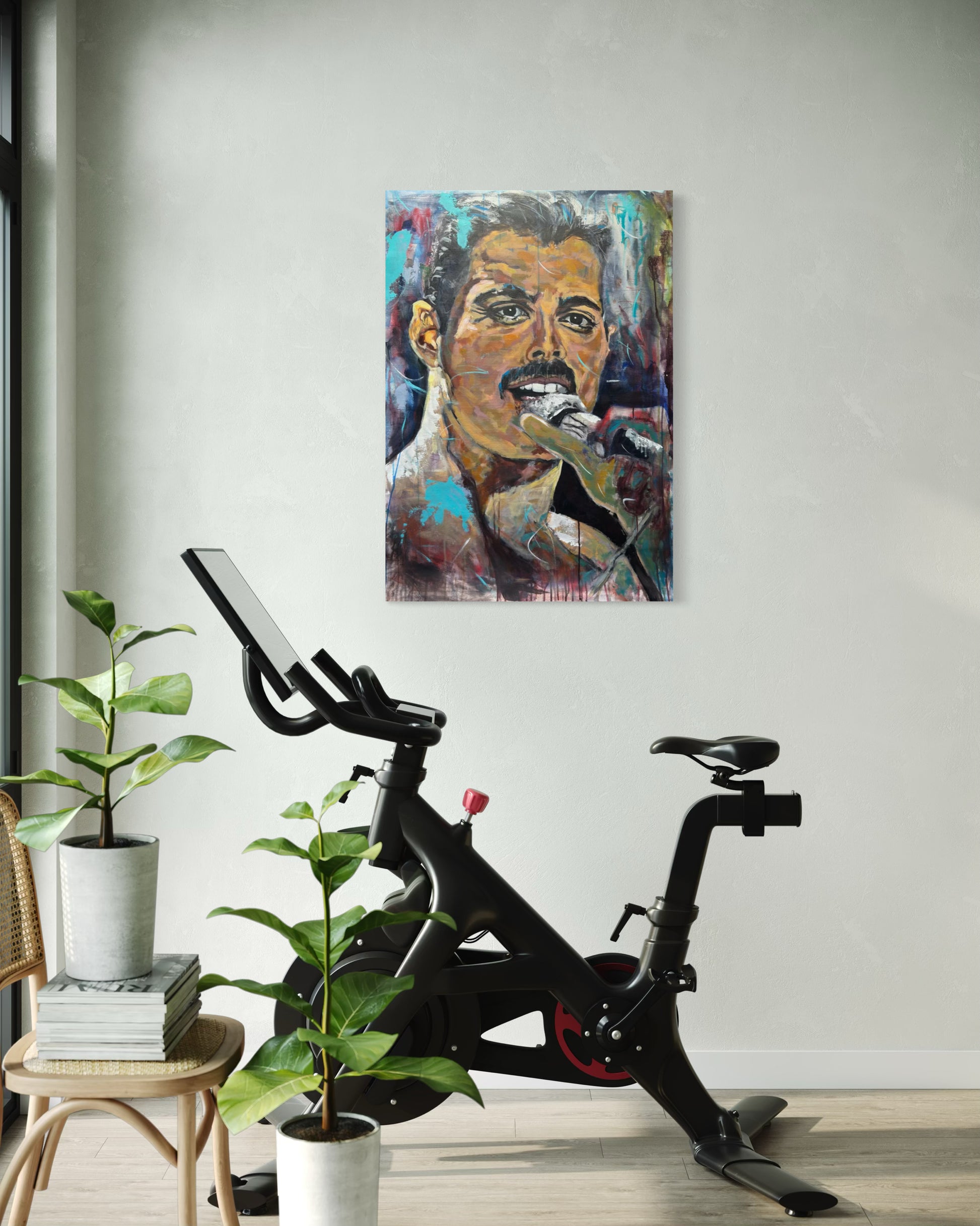 Freddie Mercury Painting in apartement gym next to standing bike