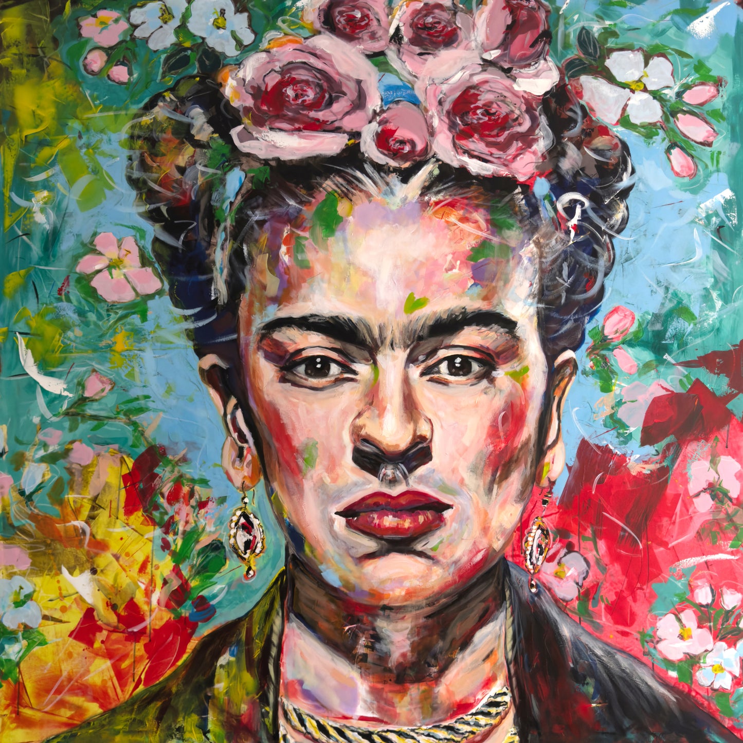 Colorful portrait of a woman with flowers in her hair against a floral background