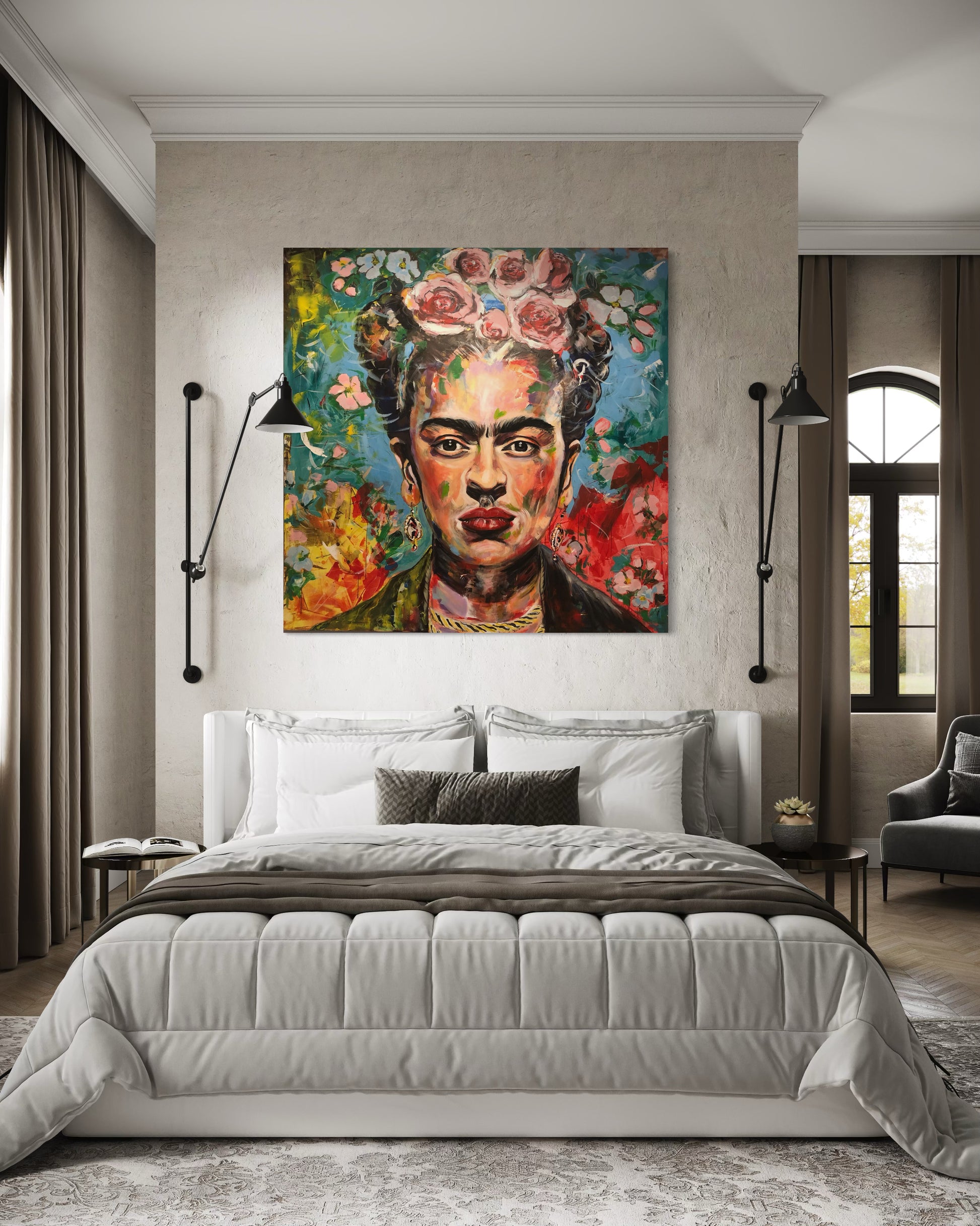 Frida Kahlo artwork above modern gray double bed