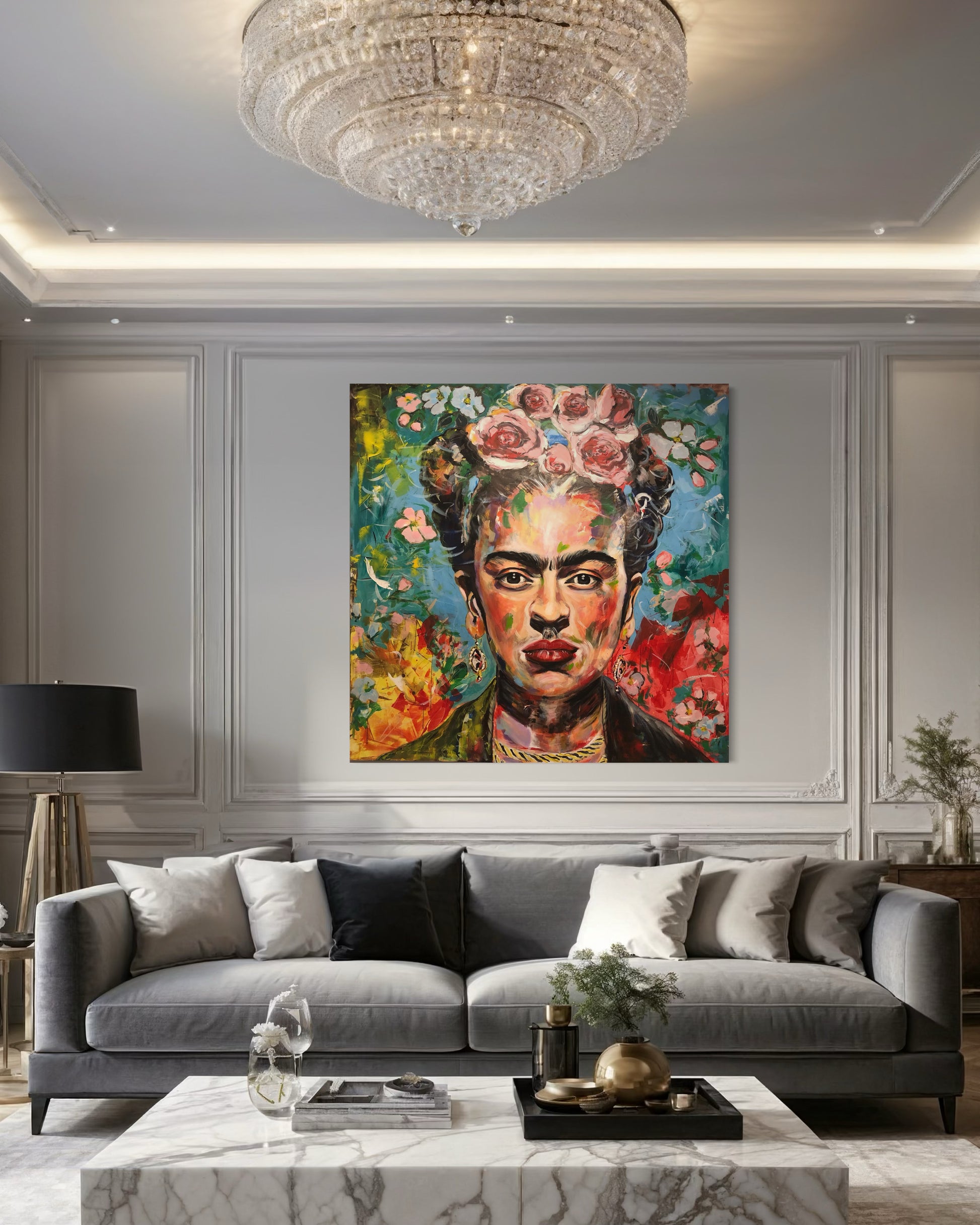 Frida Kahlo artwork large living room with large crystal lamp