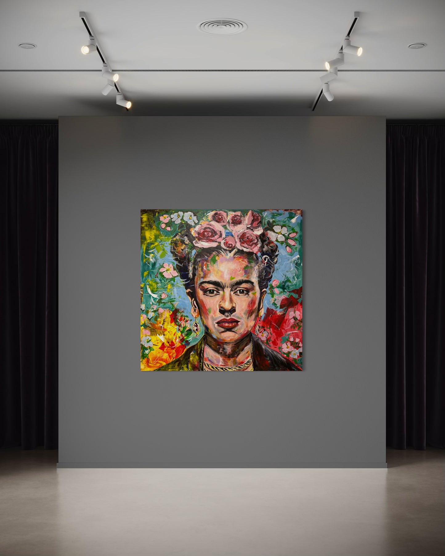 Colorful portrait painting of a woman with flowers on a gray wall.