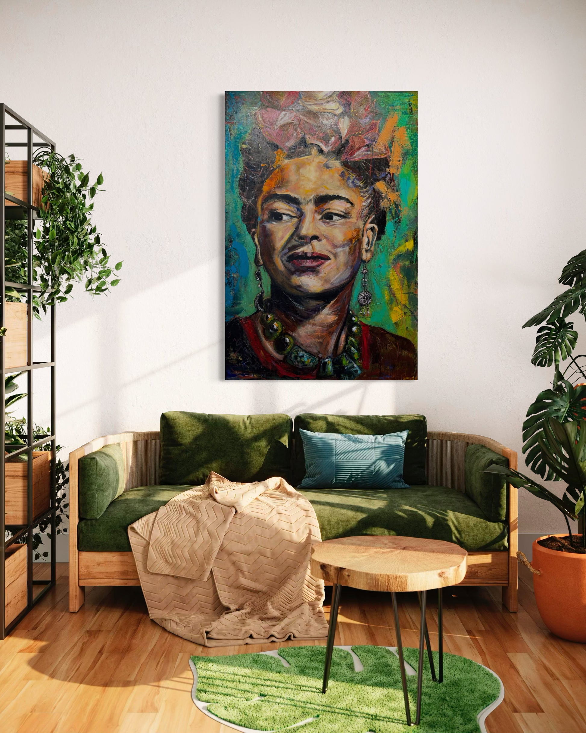 Frida Kahlo painting above green couch with stellage with plants