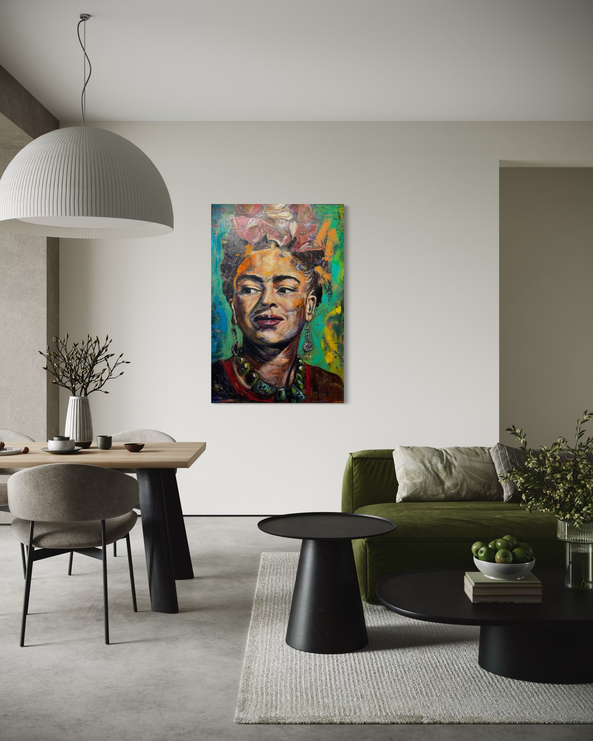 Frida Kahlo painting in living room with dining table and couch