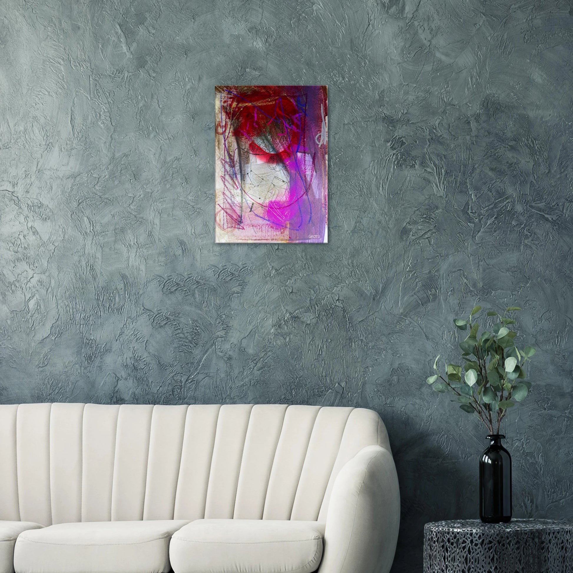 GROOVY canvas print above grey sofa in modern living room