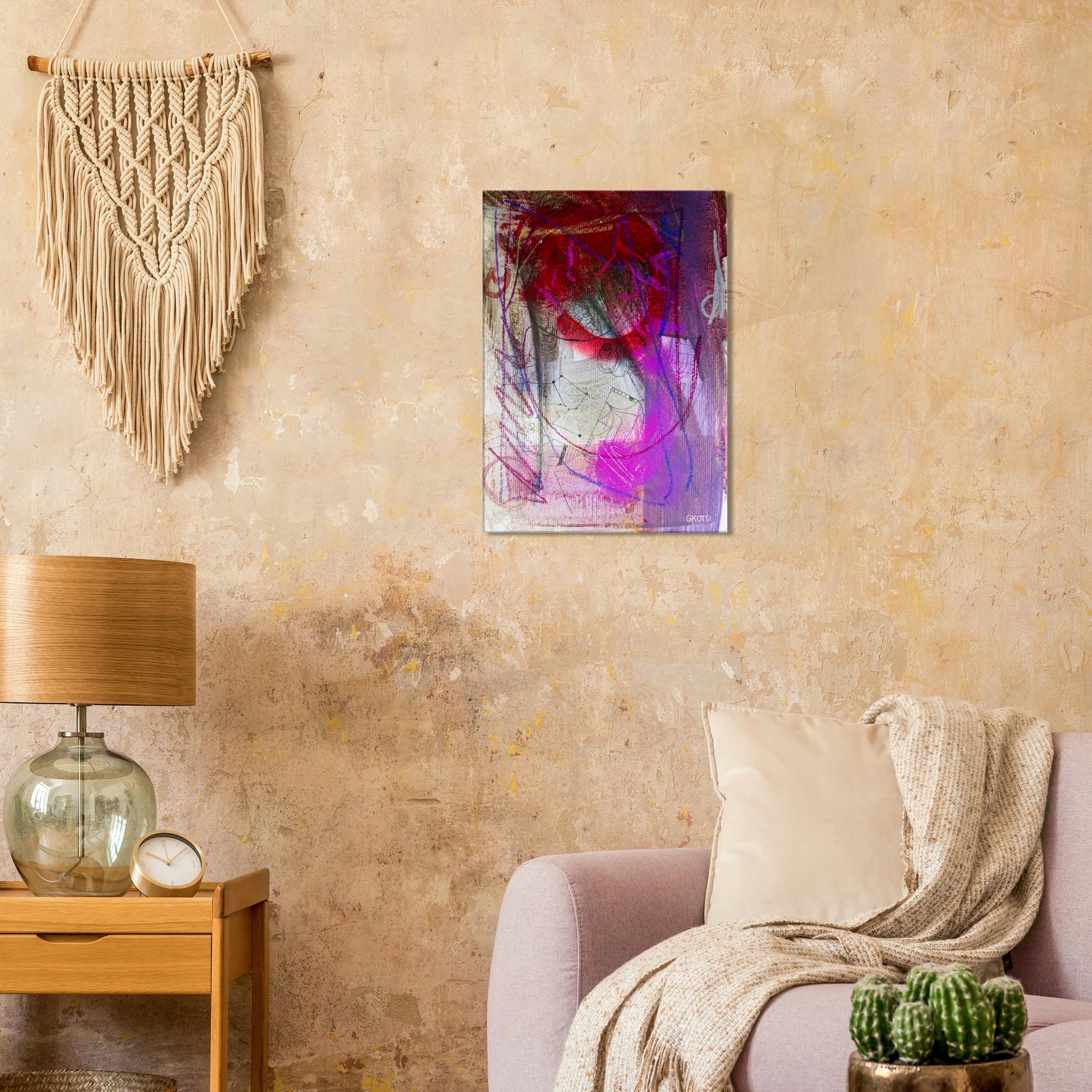GROOVY canvas print on light brown wall above sofa