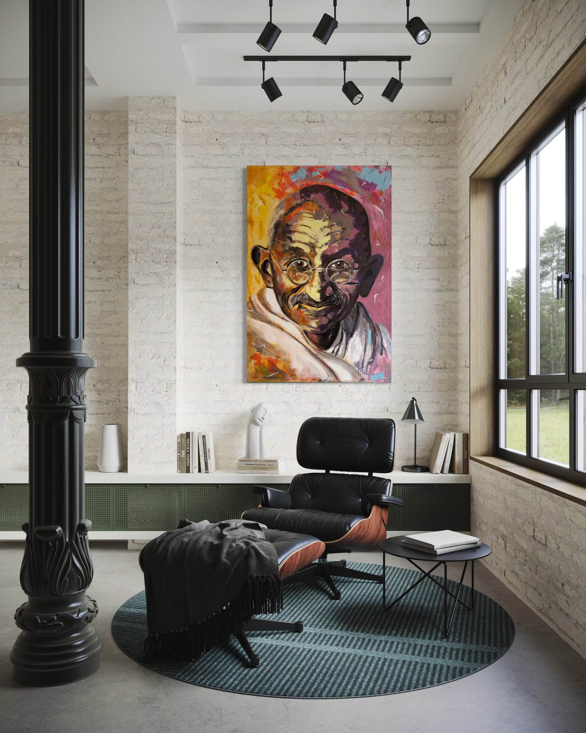 Gandhi Original Painting in stylish living room with black column