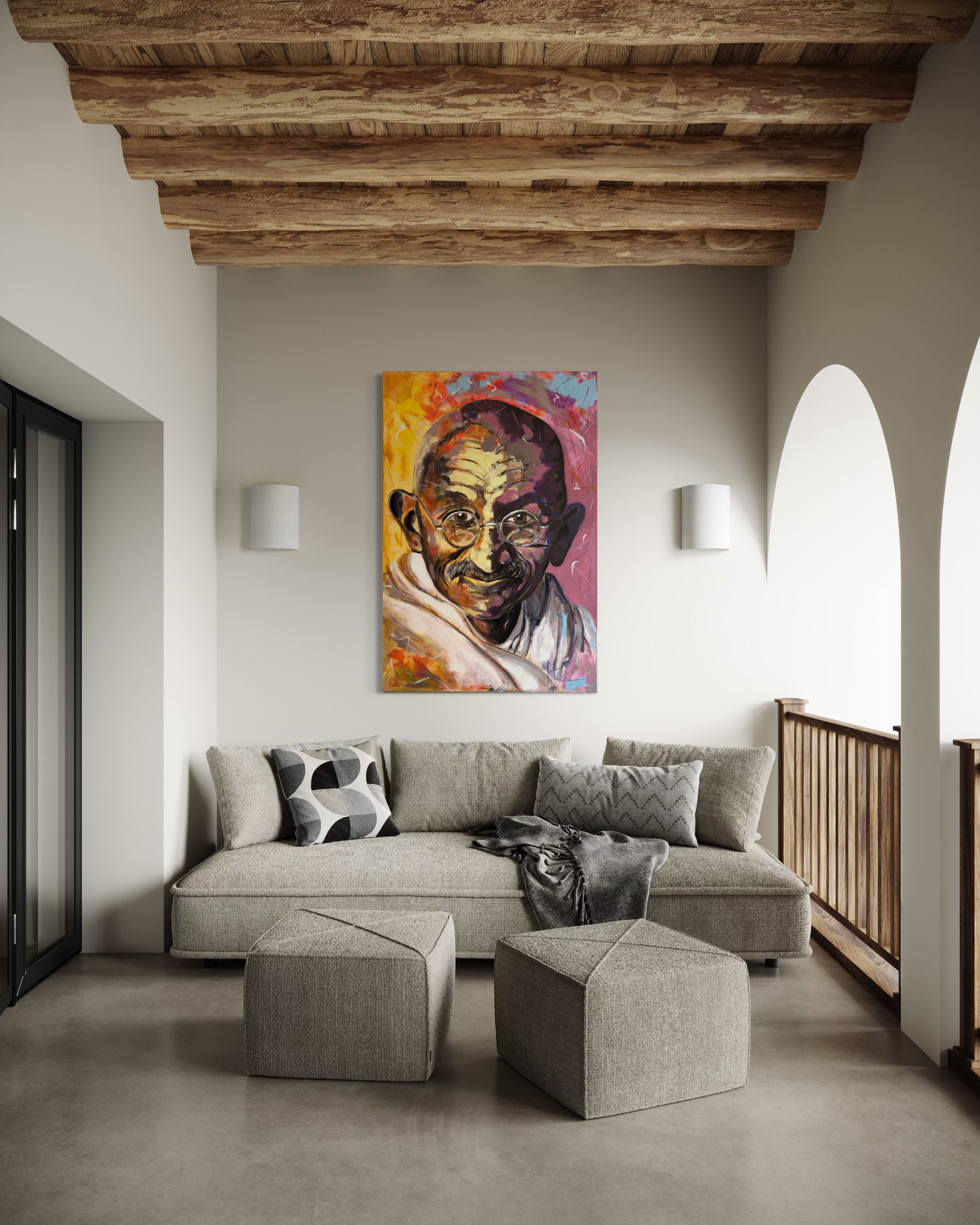 Gandhi Original Painting on an inner veranda with seating area