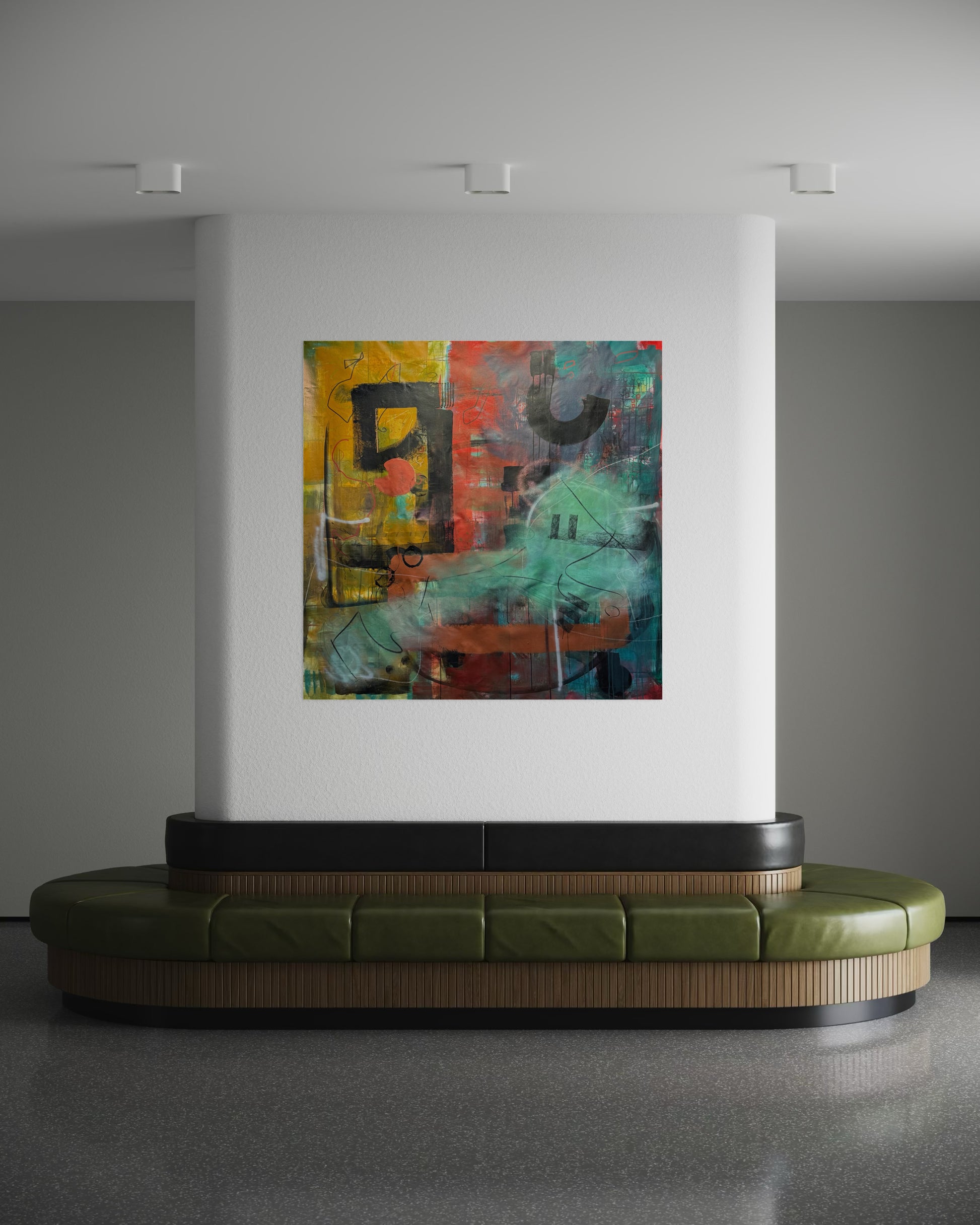 Golden Age Abstract Original Painting above round large couch in cinem hall
