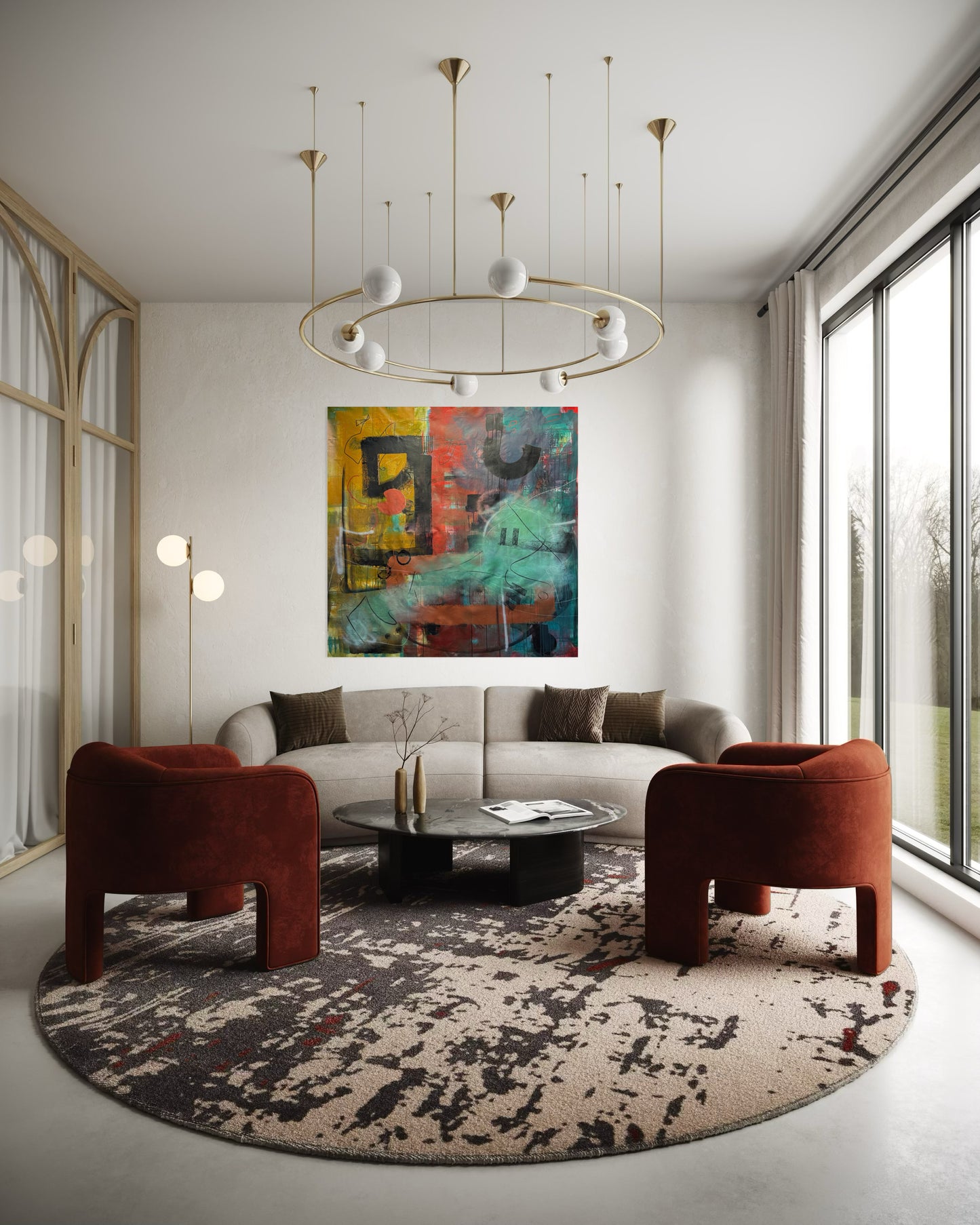 Golden Age Abstract Original Painting in elegant modern living room