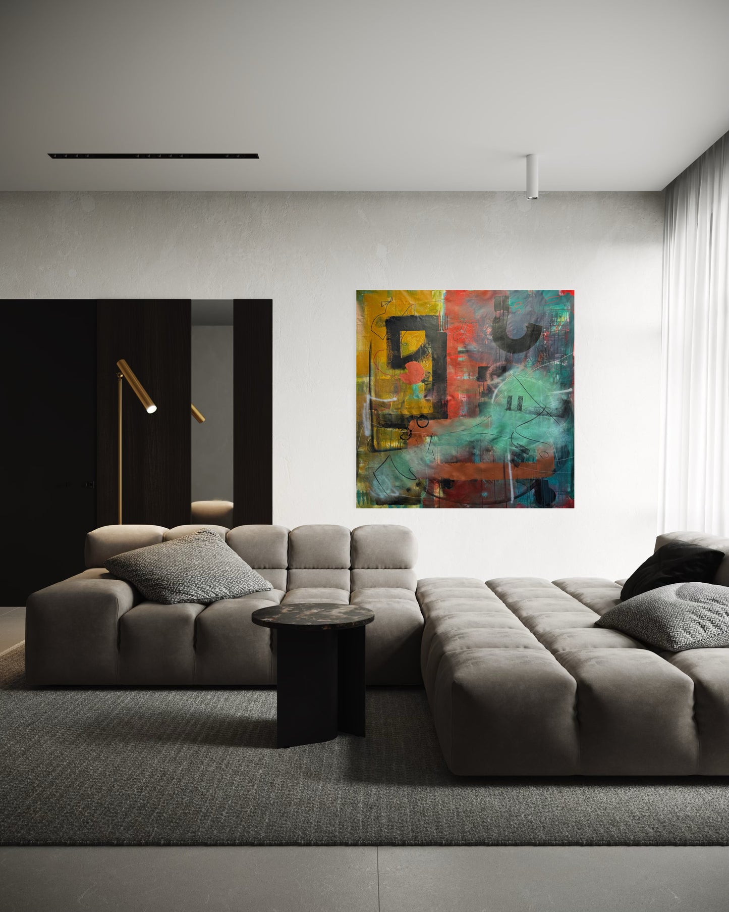 Golden Age Abstract Original Painting in gray stylish living room
