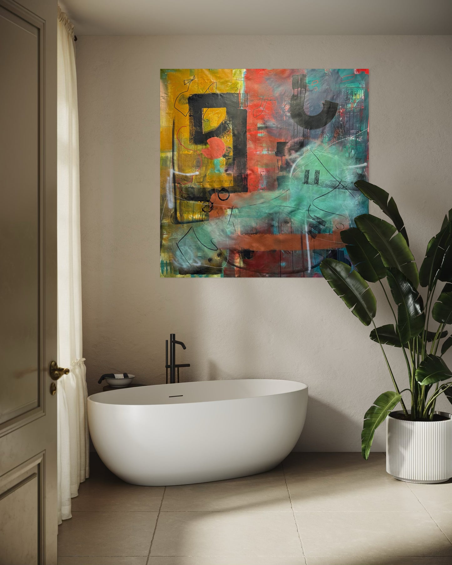 Golden Age Abstract Original Painting over modern bathtub