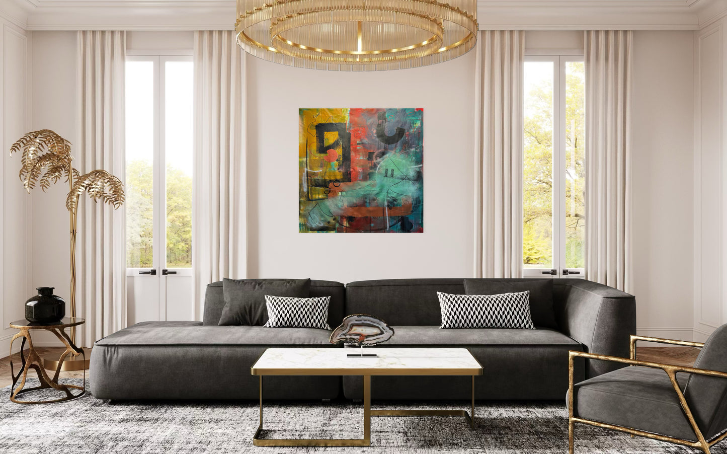 Golden Age Abstract Original Painting in exquisit luxury living room 