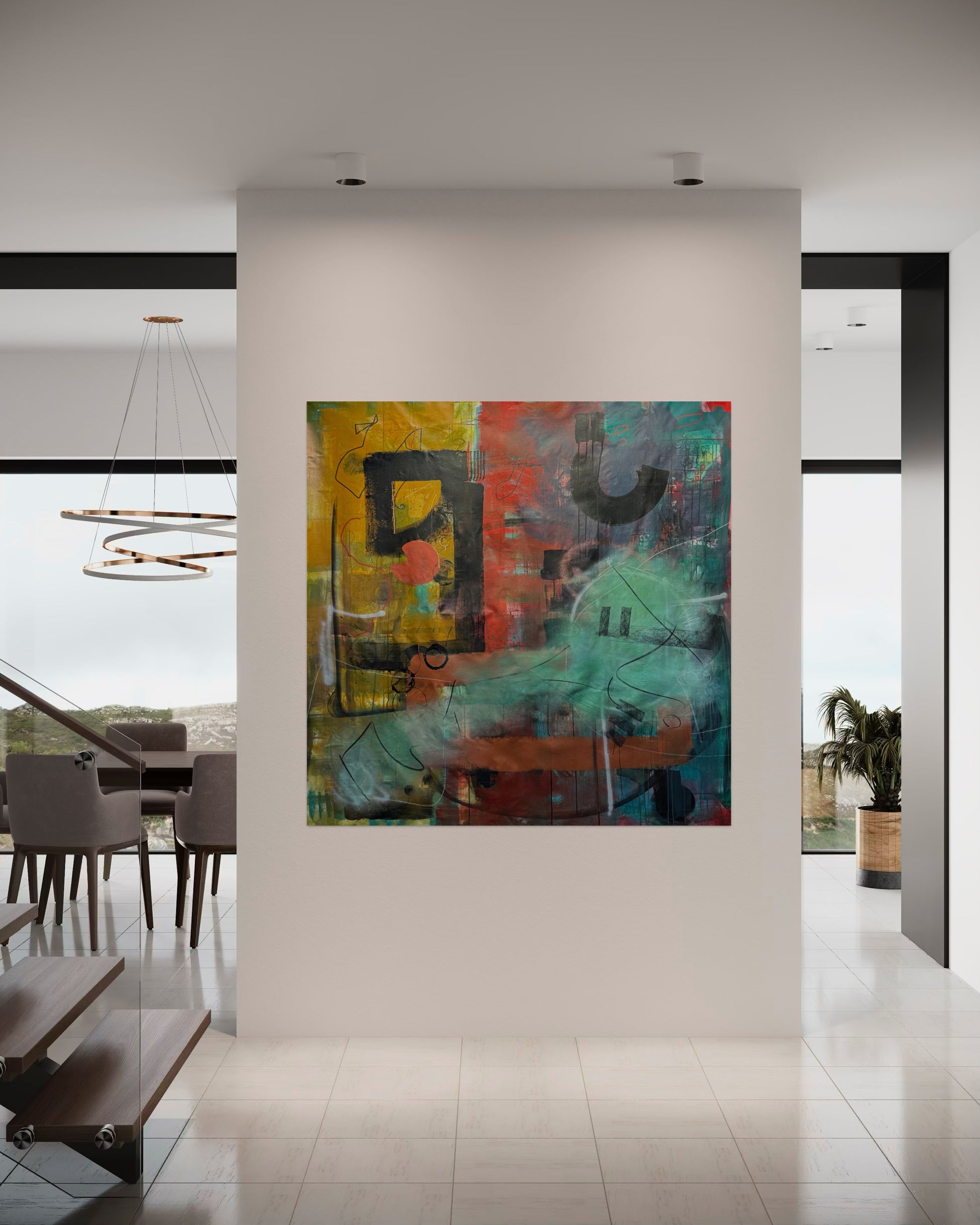 Golden Age Abstract Original Painting in luxury white maisonette interior