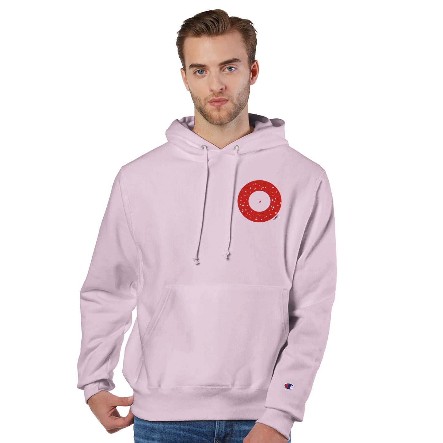 IN YOUR CENTER Champion Hoodie front view man wearing body blush hoodie empowering design