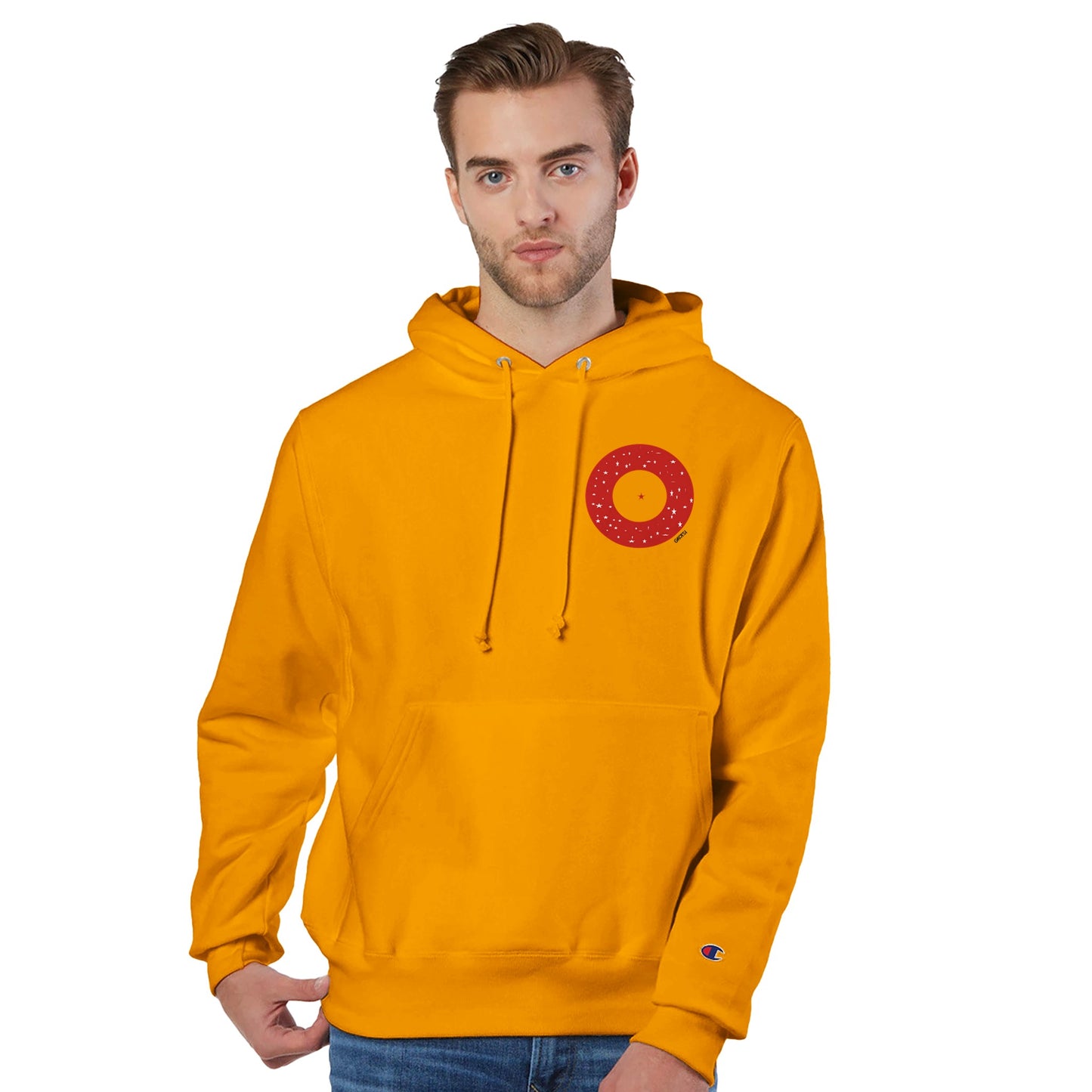 IN YOUR CENTER Champion Hoodie front view man wearing c gold hoodie empowering design