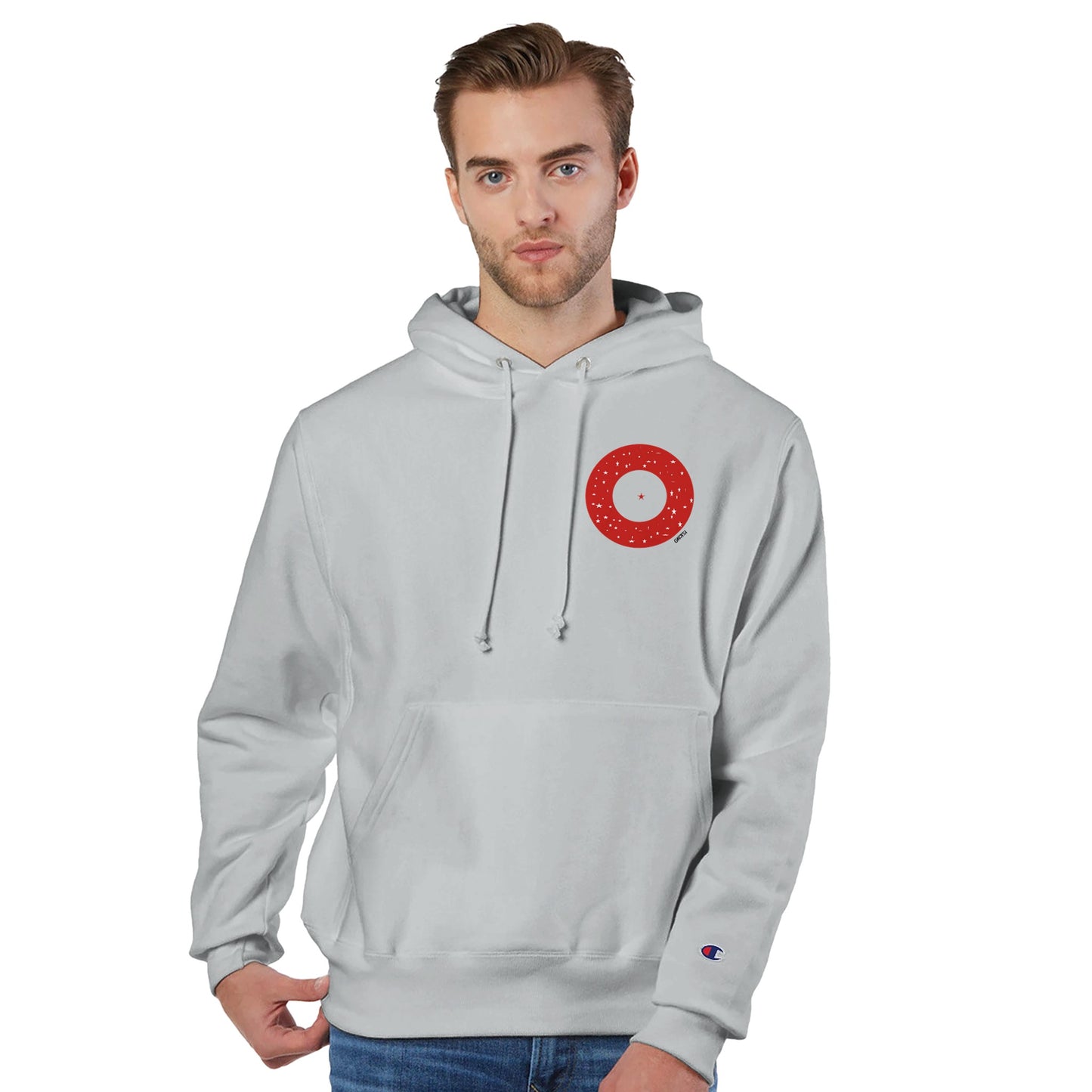 IN YOUR CENTER empowering design front view man wearing silver grey hoodie