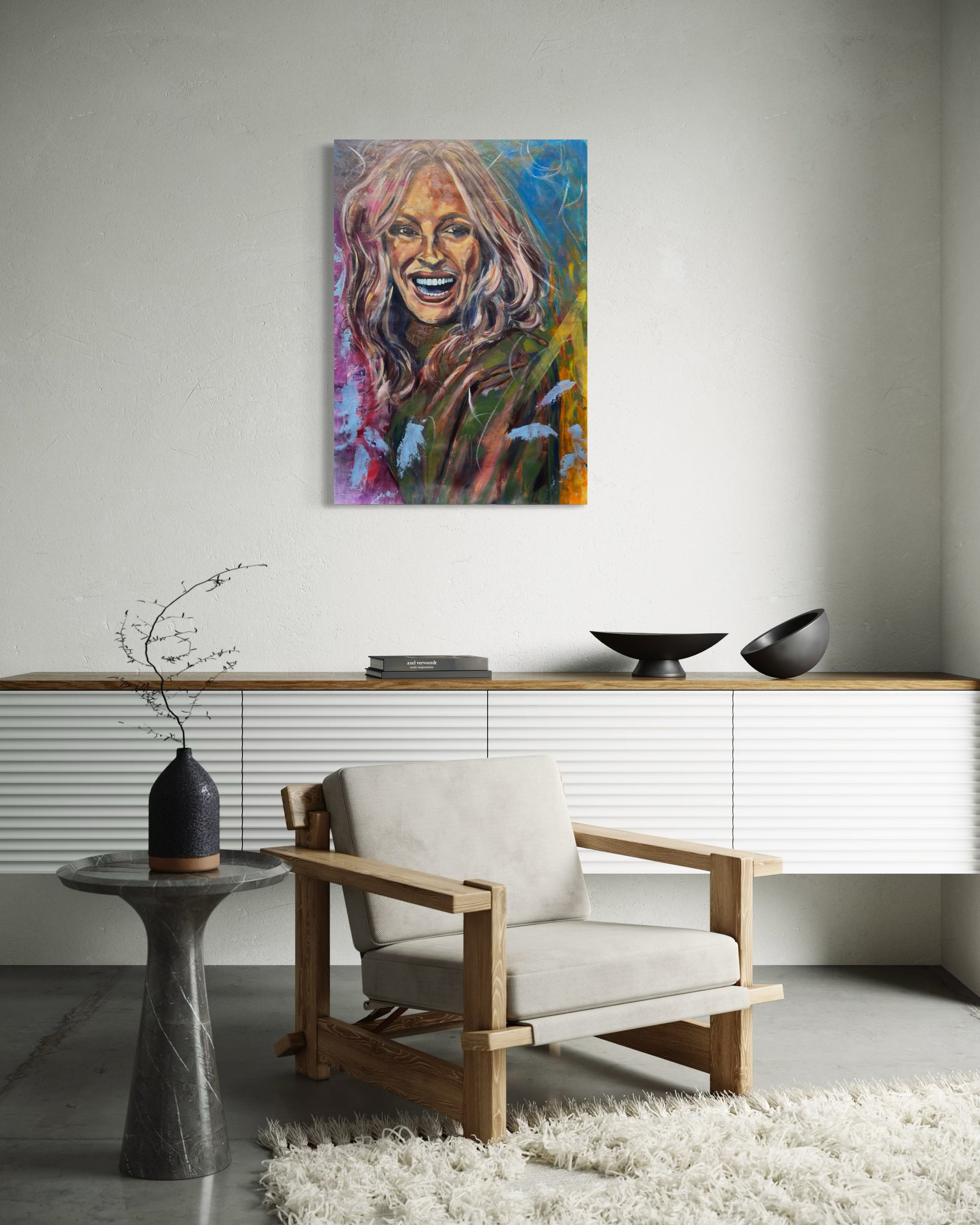Julia Roberts Original Painting above dresser with stylish vase and chair