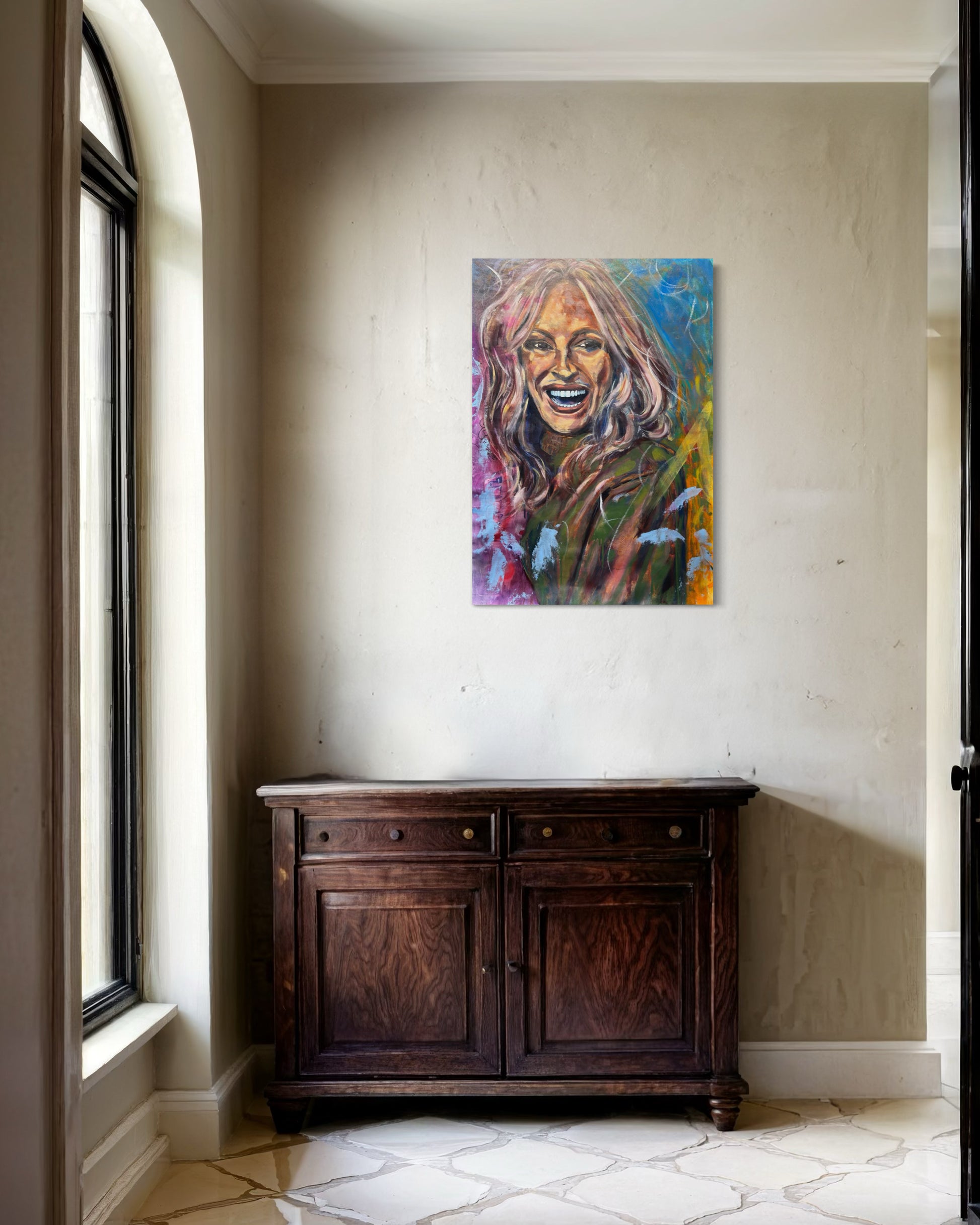 Julia Roberts Painting above antique wooden dresser minimal