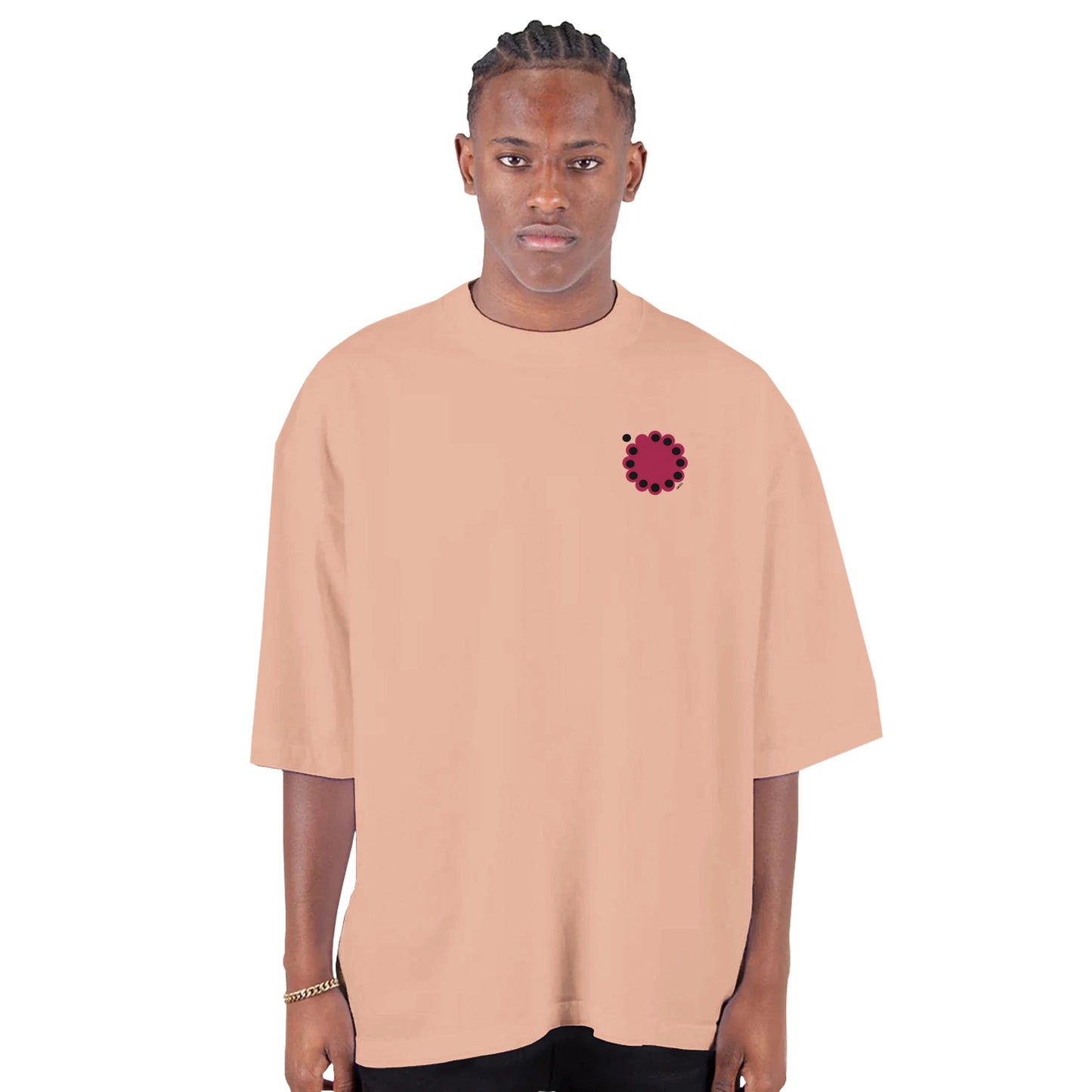 KNOWING Men's Heavyweight Cotton T-Shirt front view man wearing peach t-shirt
