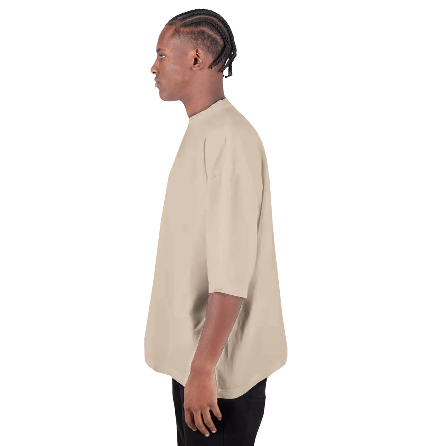 KNOWING empowerign design Cotton T-Shirt side view man wearing cream t-shirt 