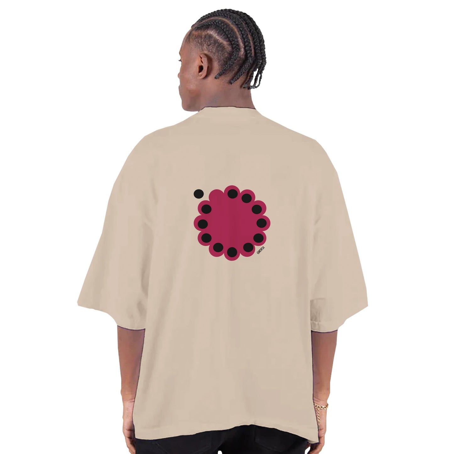 KNOWING empowering design Cotton T-Shirt back view man wearing cream t-shirt 