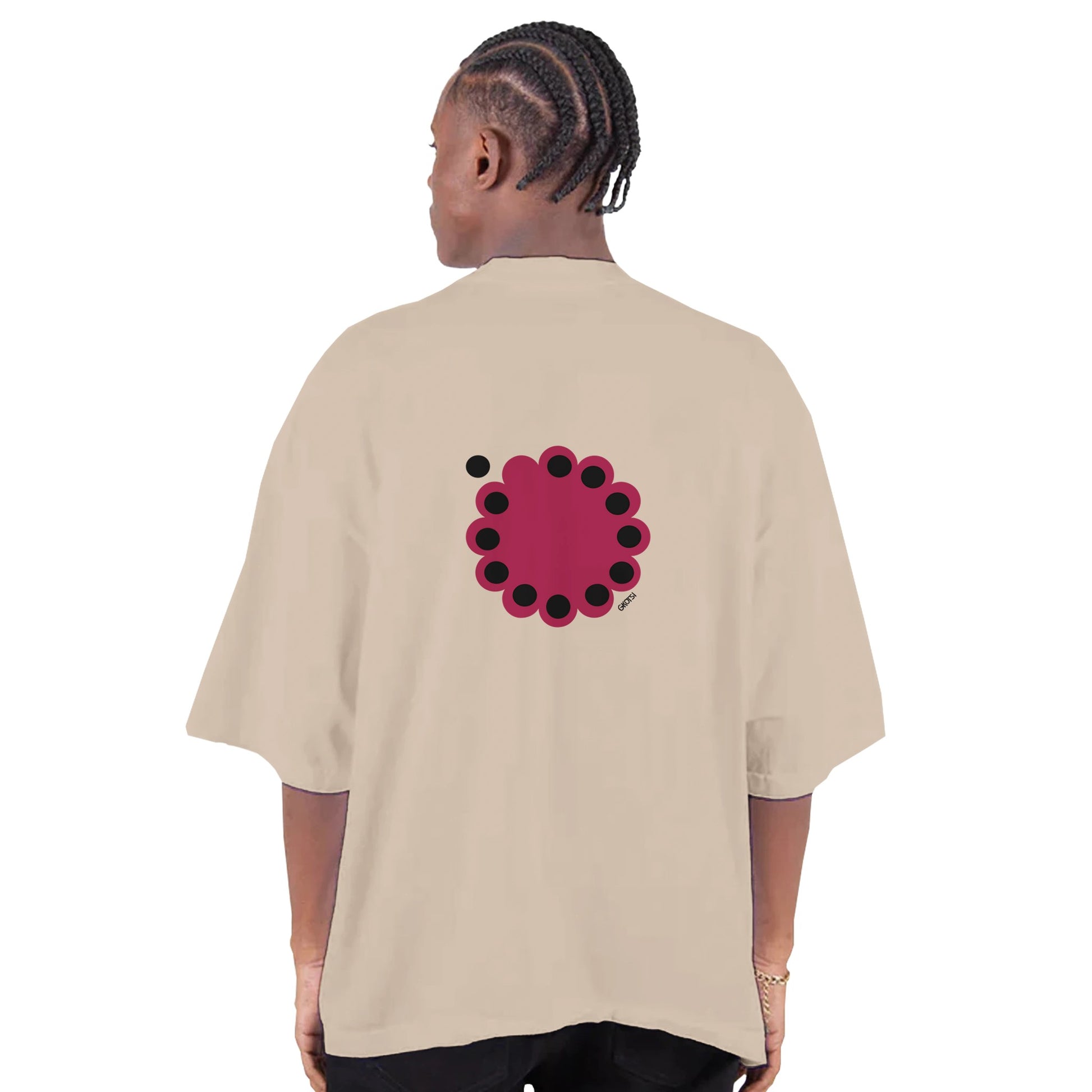 KNOWING empowering design Cotton T-Shirt back view man wearing cream t-shirt 