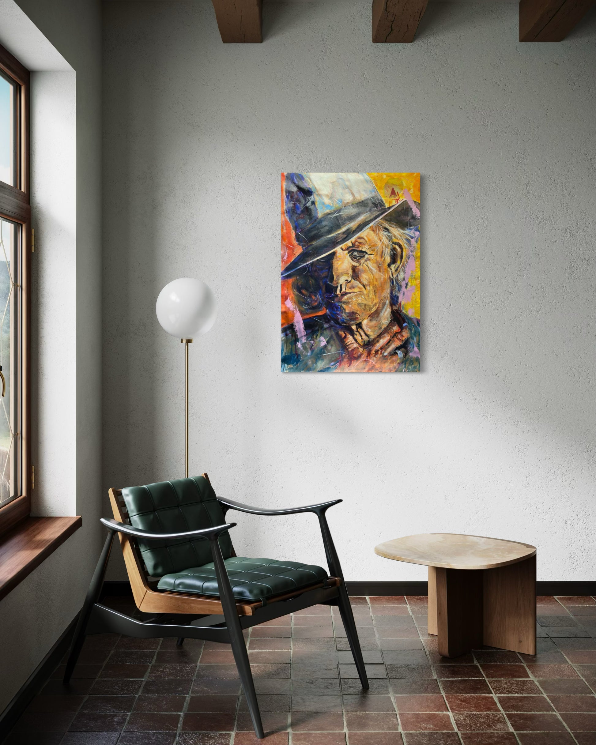 Keith Richards Painting next to the window with chair
