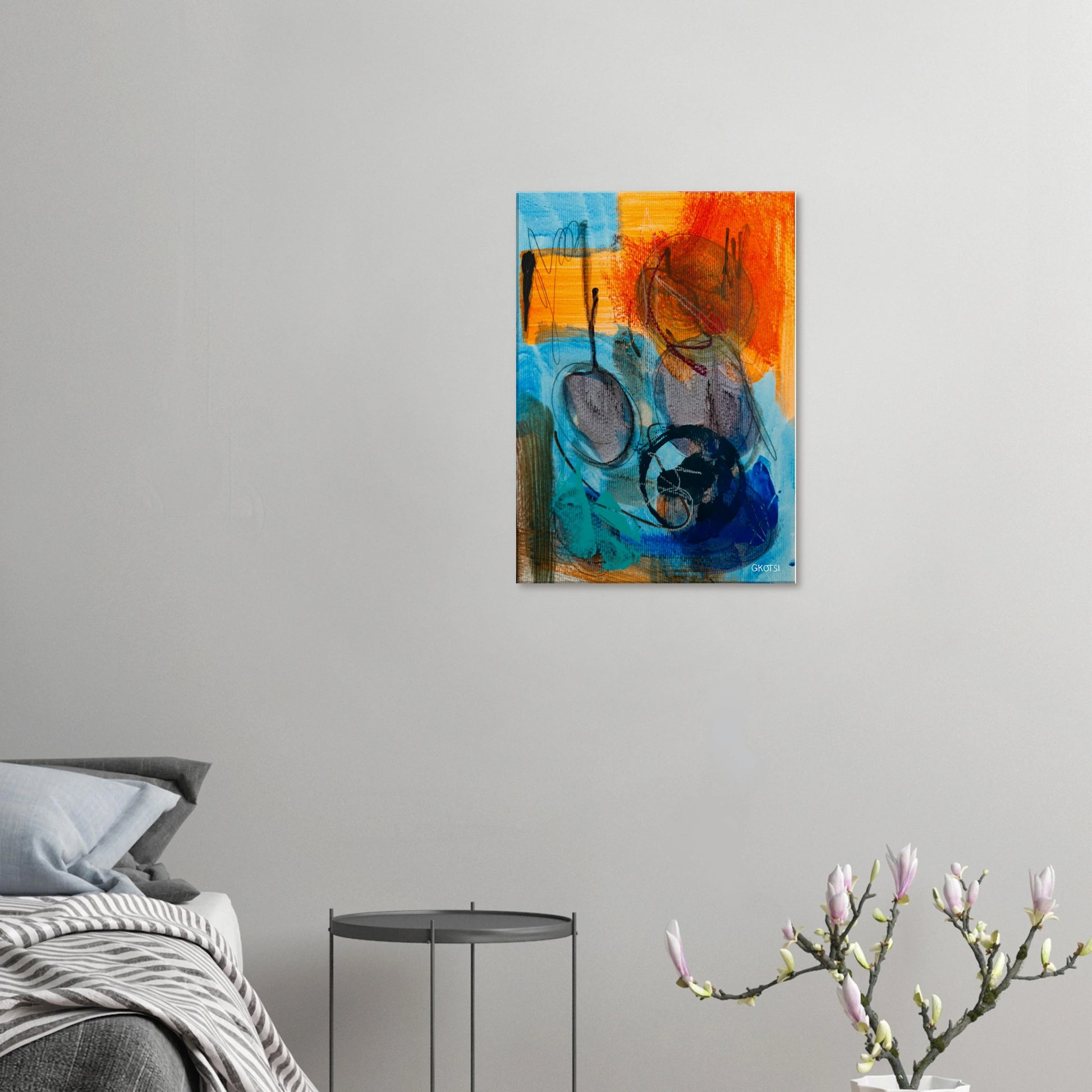 LIBERTY canvas print above bed with flower vase in bedroom