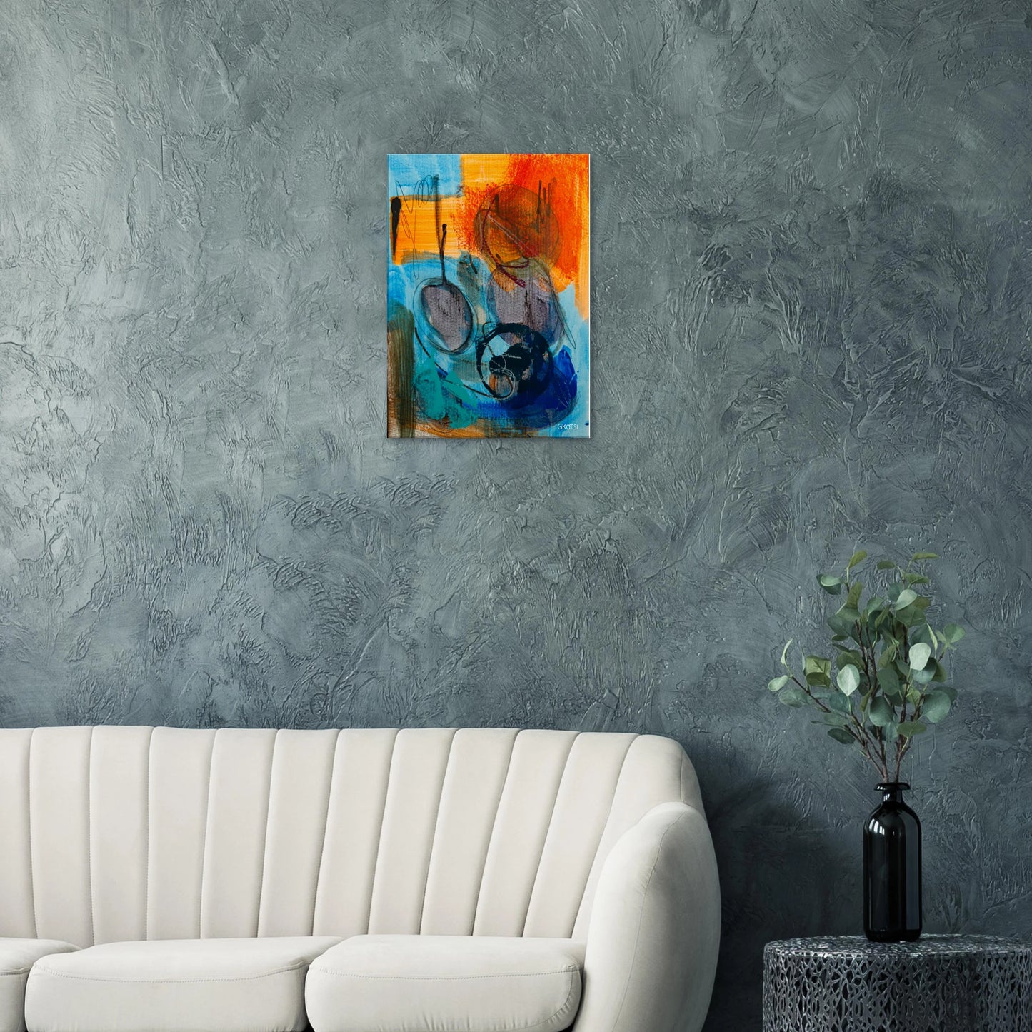 LIBERTY canvas print above grey sofa in living room