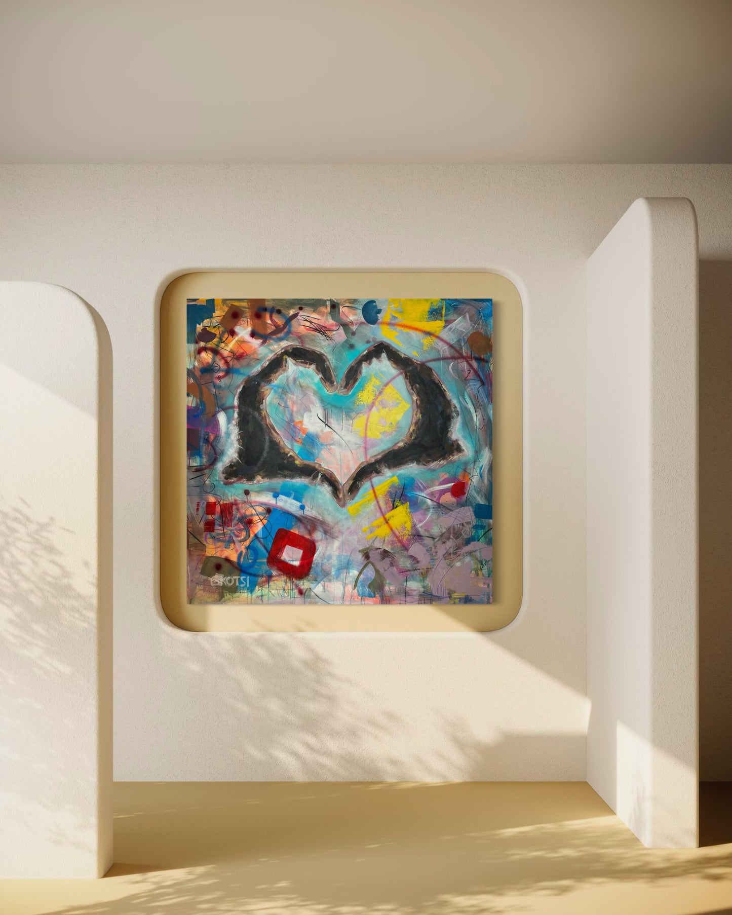 Peace Symbolic Abstract Original Painting in yellow gallery space
