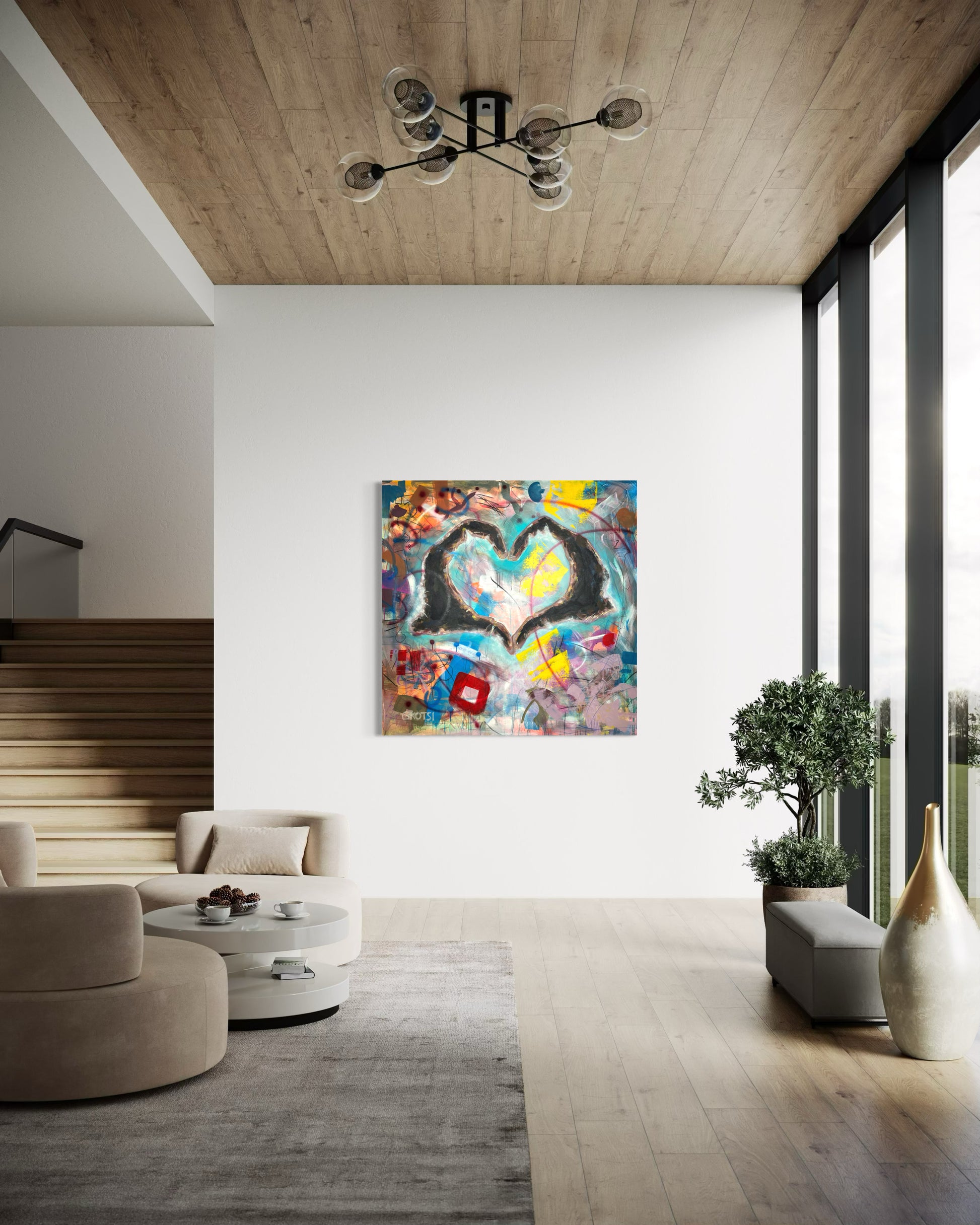 Peace Symbolic Abstract Original Painting in loft entrance with staircase