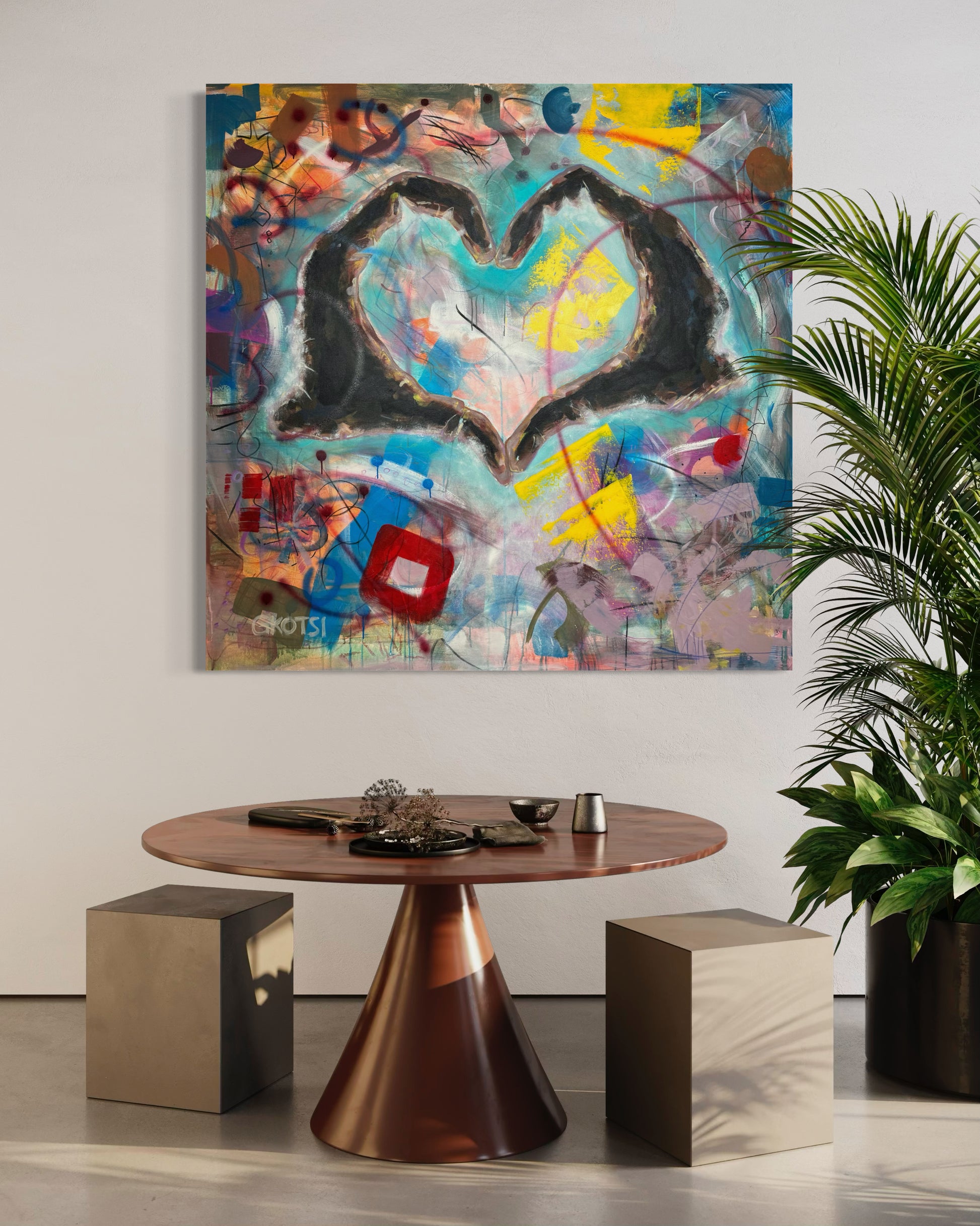 Peace Symbolic Abstract Original Painting above round table and design stools
