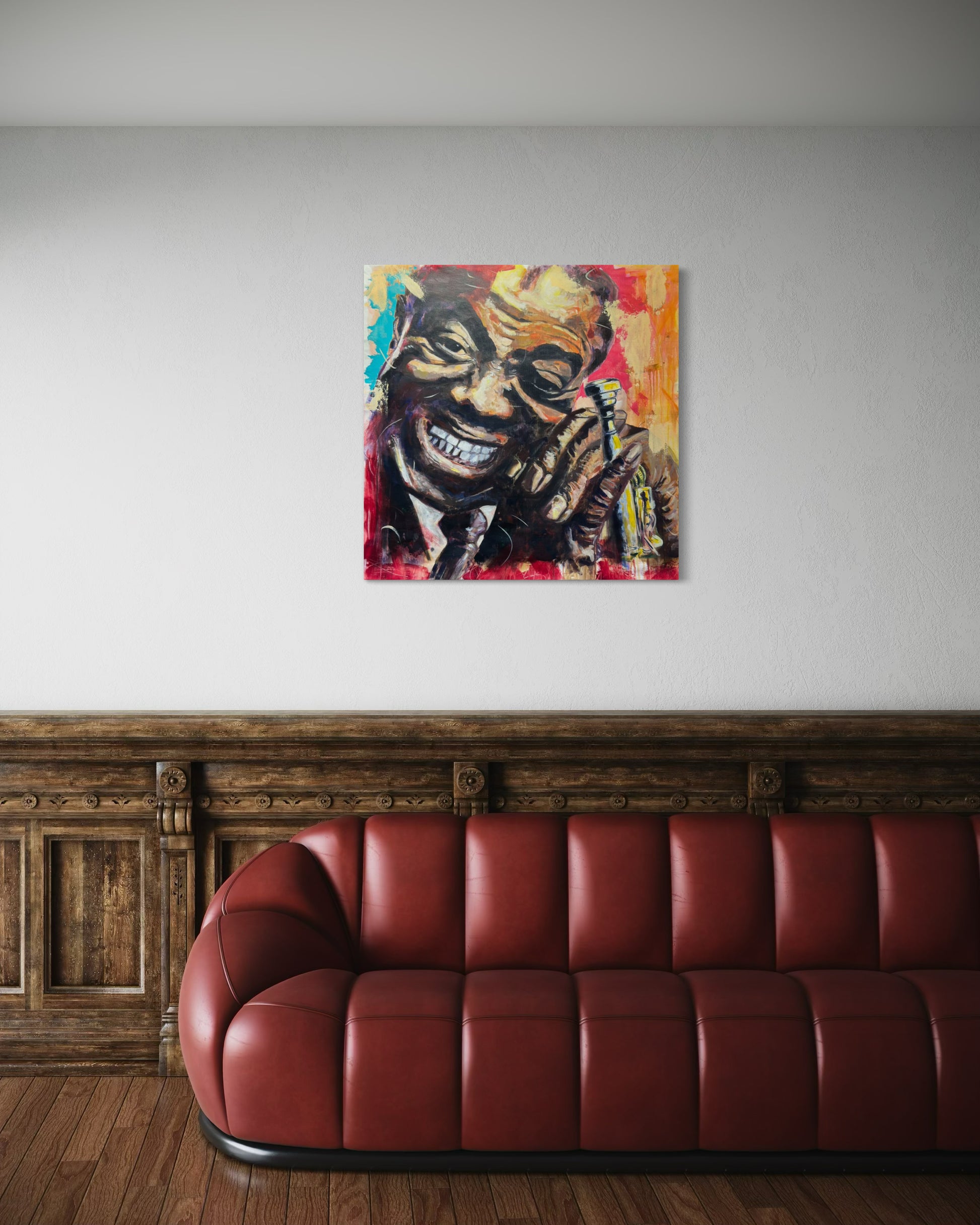 Louis Armstrong Painting above a luxury red leather couch