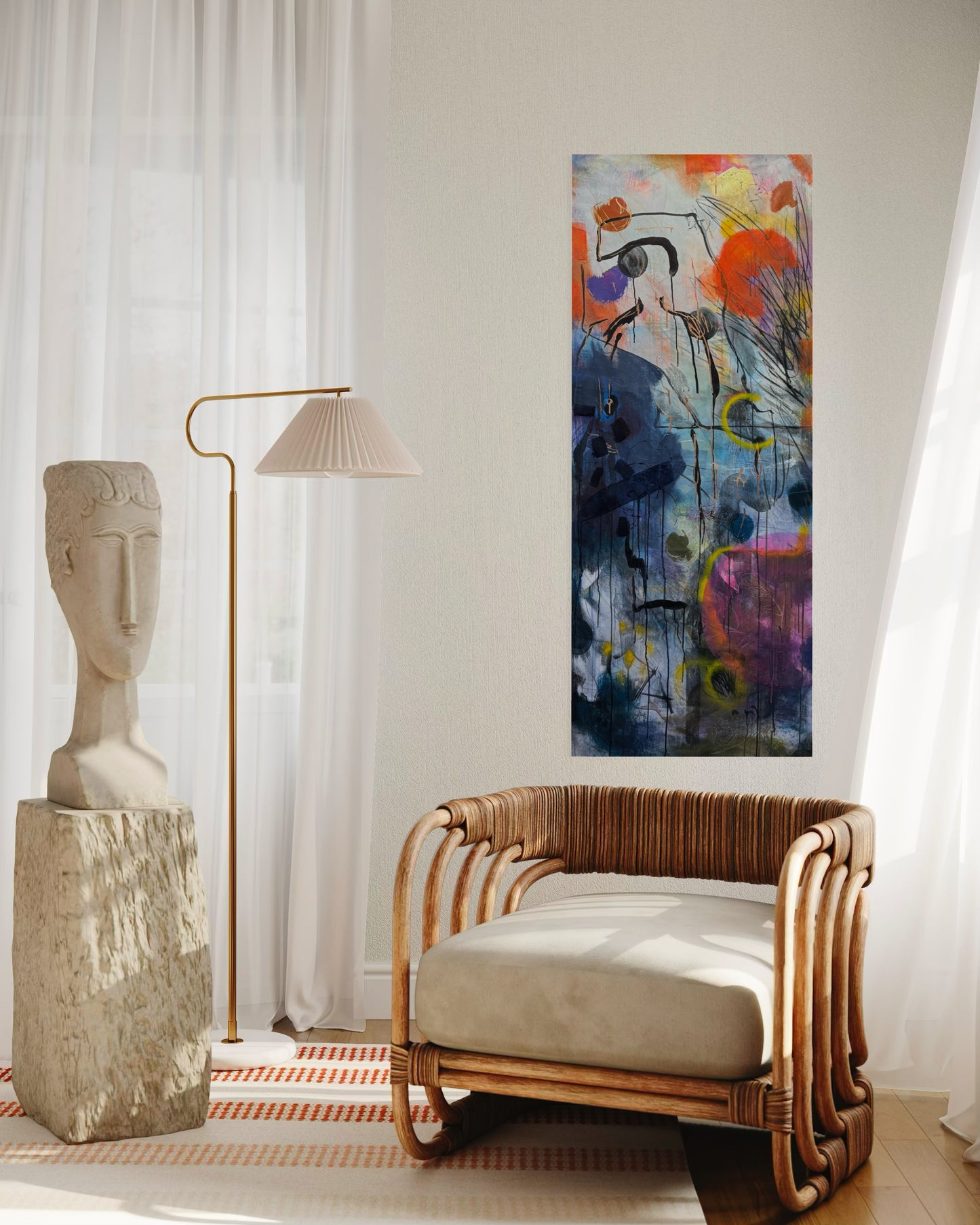 Lylaly Abstract Original Painting above bamboo armchair